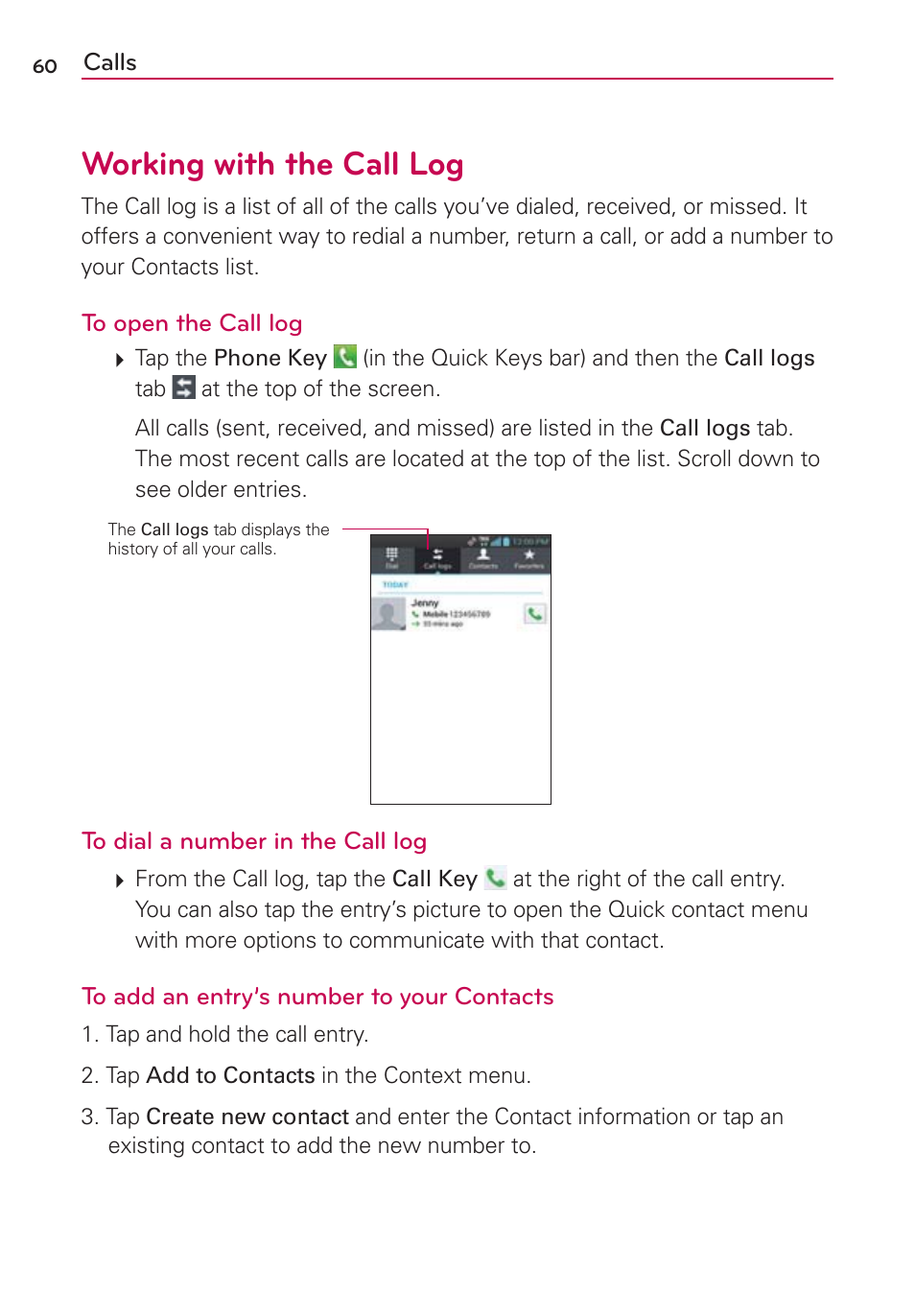 Working with the call log | LG LGVS840PP User Manual | Page 62 / 206