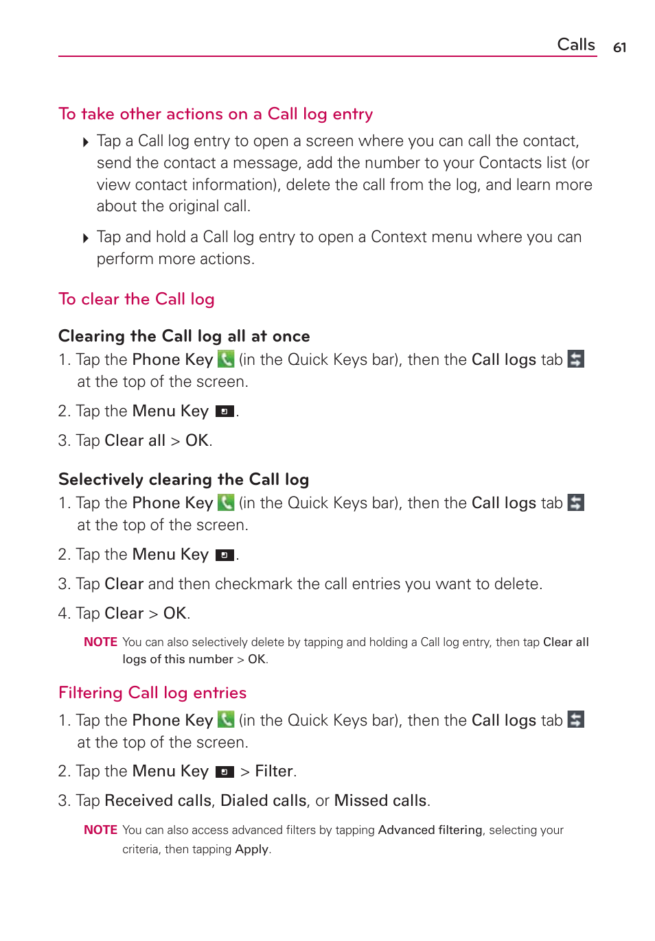 Calls to take other actions on a call log entry, Selectively clearing the call log, Filtering call log entries | LG LGVS840PP User Manual | Page 63 / 206