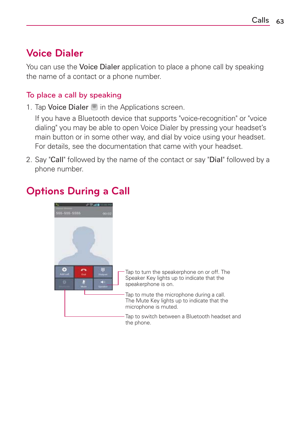 Voice dialer, Options during a call, Voice dialer options during a call | LG LGVS840PP User Manual | Page 65 / 206