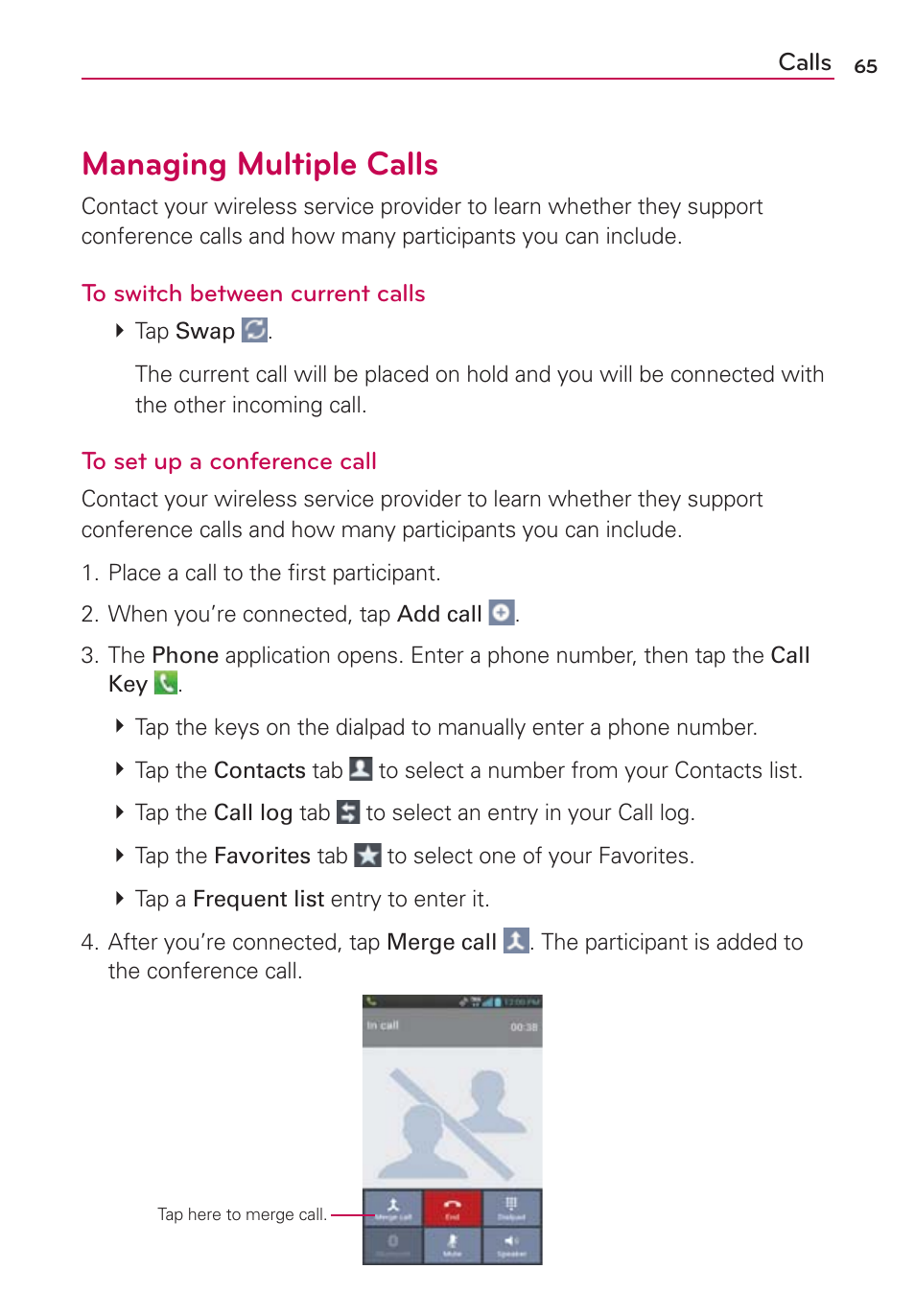 Managing multiple calls | LG LGVS840PP User Manual | Page 67 / 206