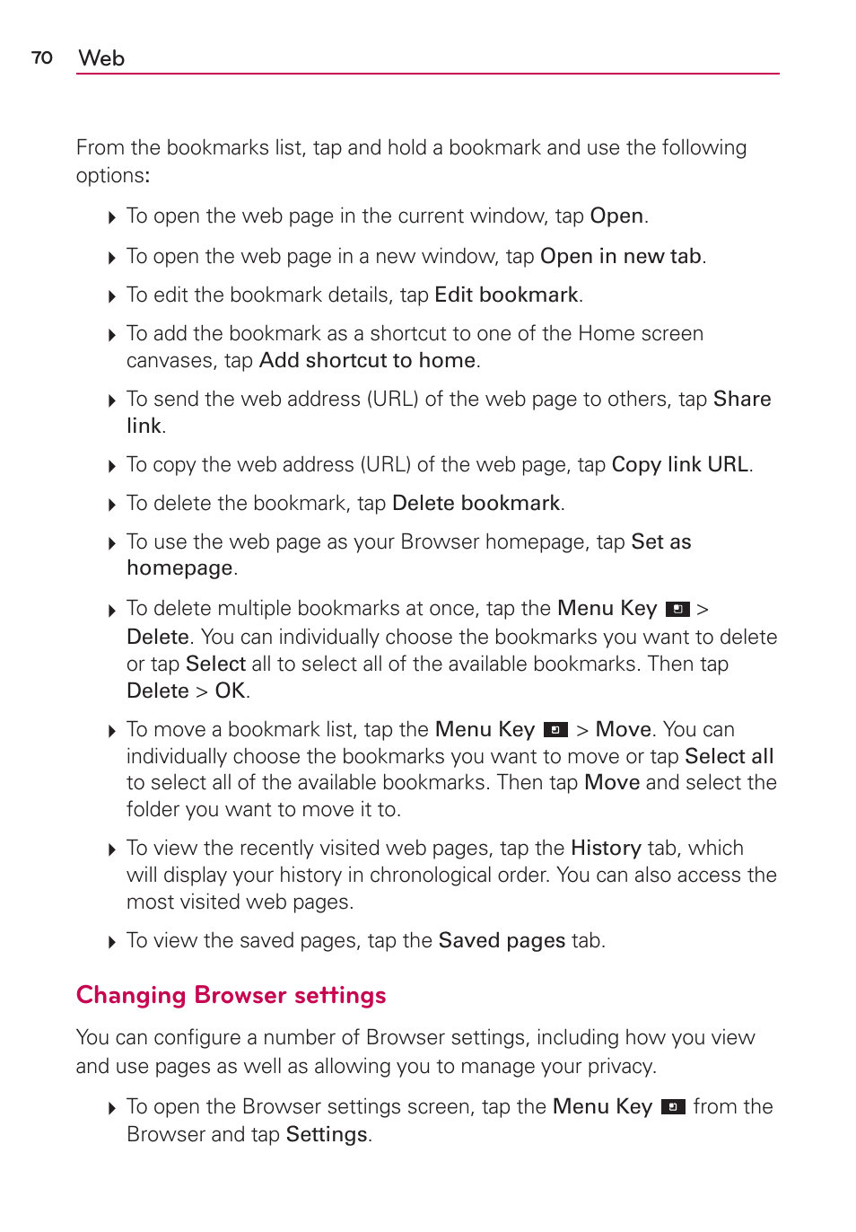 Changing browser settings | LG LGVS840PP User Manual | Page 72 / 206