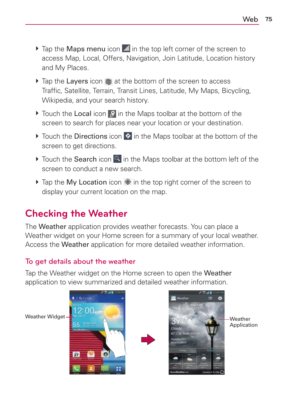 Checking the weather | LG LGVS840PP User Manual | Page 77 / 206