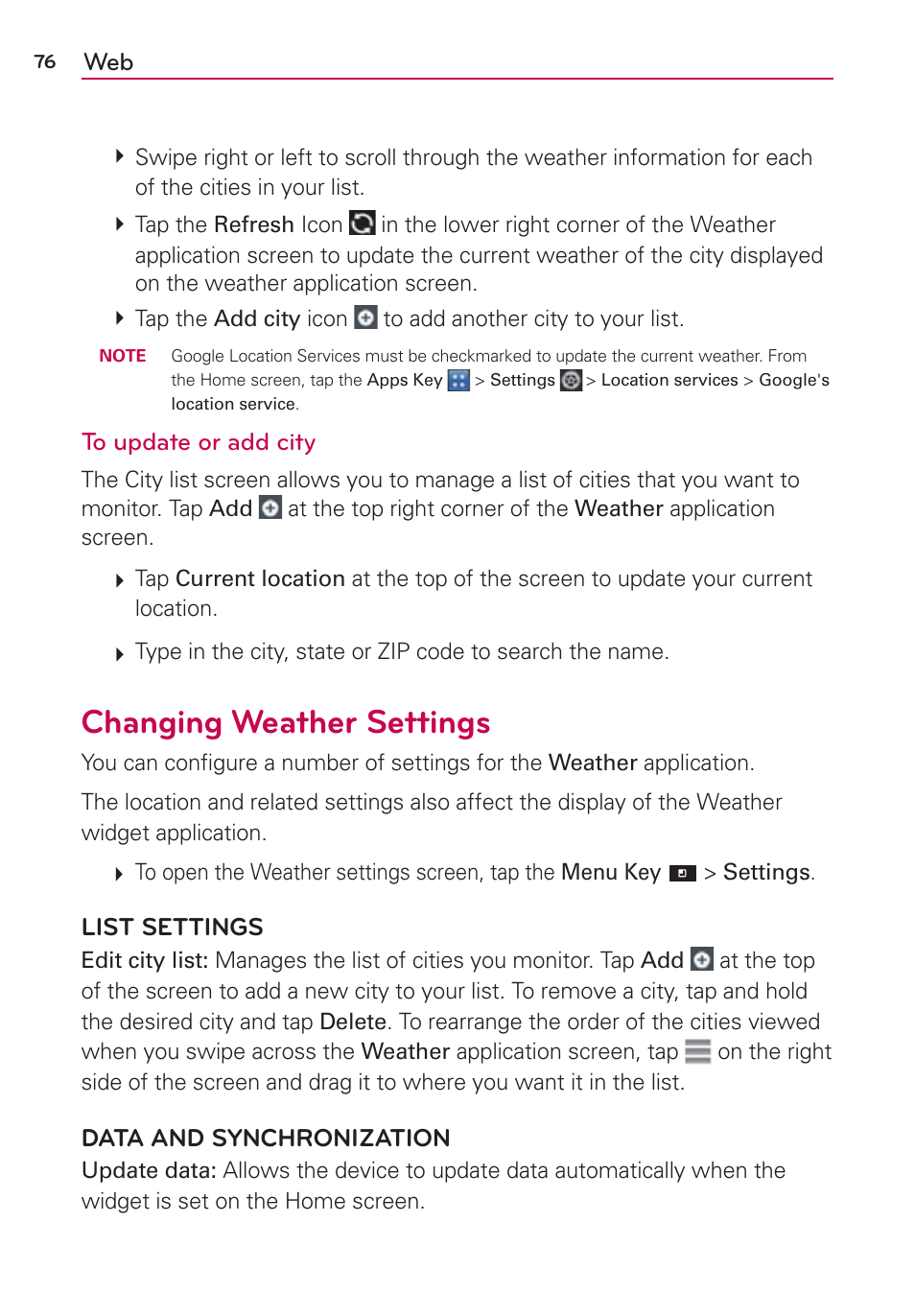 Changing weather settings, Data and synchronization | LG LGVS840PP User Manual | Page 78 / 206