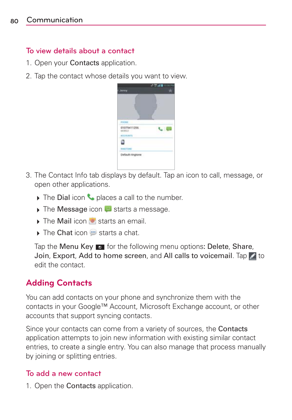 Adding contacts | LG LGVS840PP User Manual | Page 82 / 206