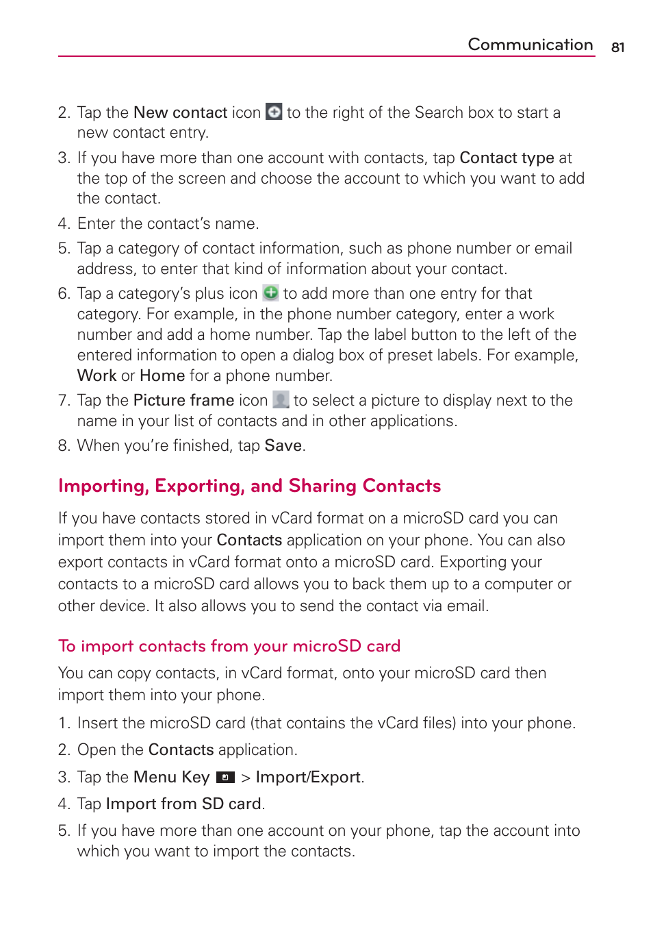 Importing, &yqpsujoh and sharing contacts | LG LGVS840PP User Manual | Page 83 / 206