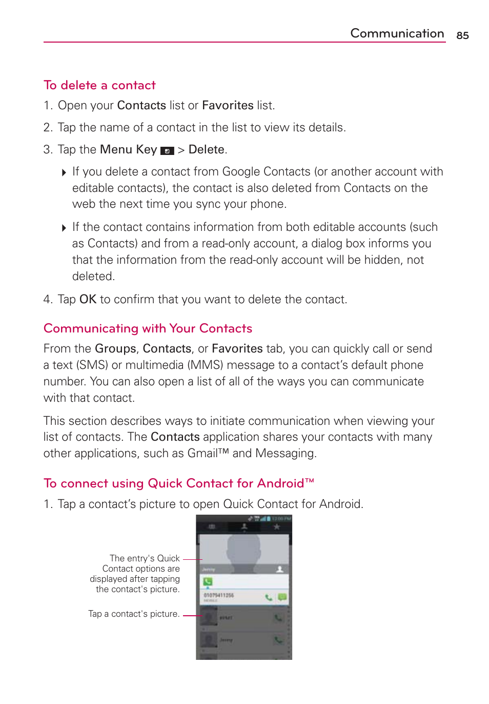 Communication to delete a contact, Communicating with your contacts | LG LGVS840PP User Manual | Page 87 / 206