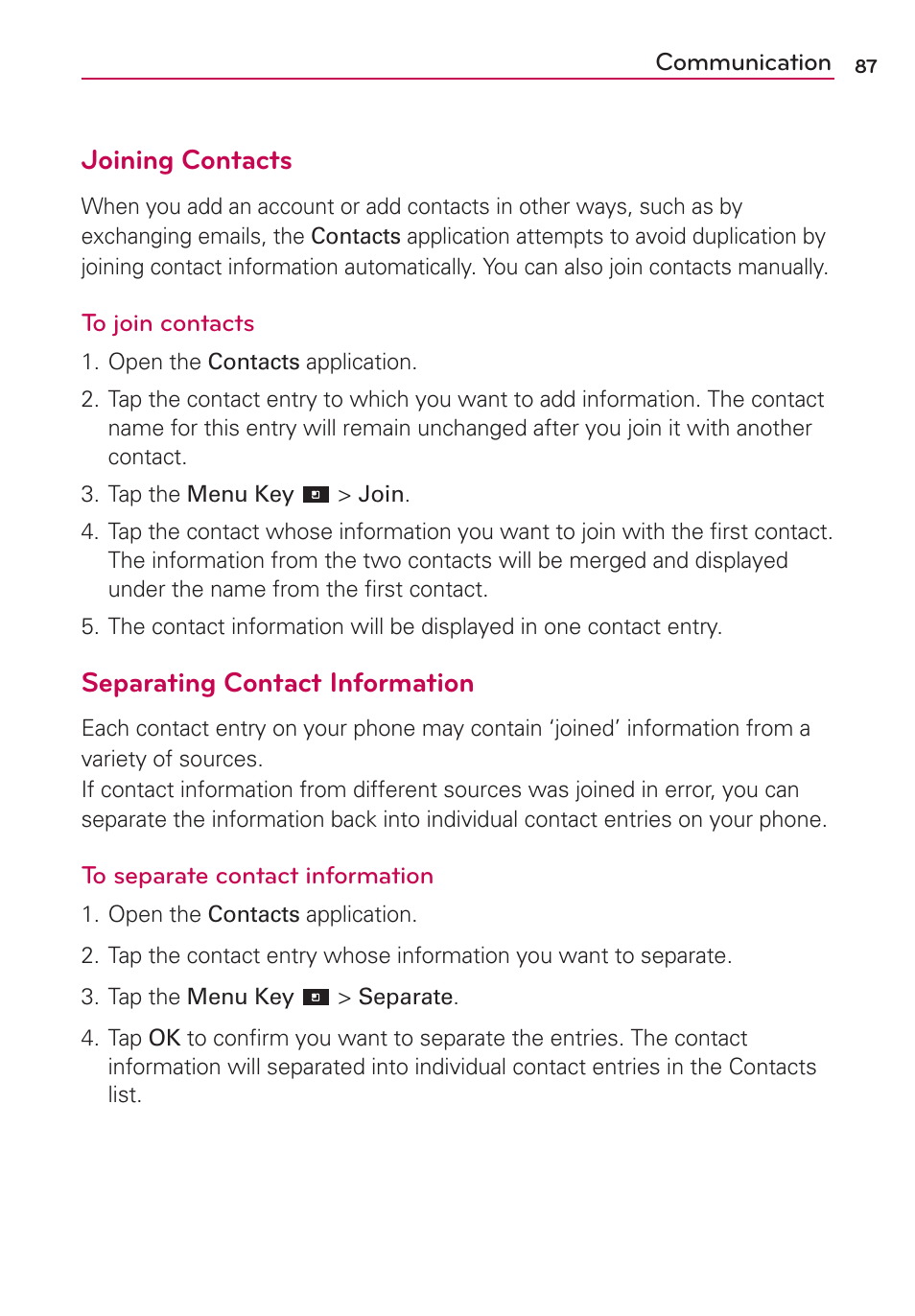 Joining contacts, Separating contact information | LG LGVS840PP User Manual | Page 89 / 206