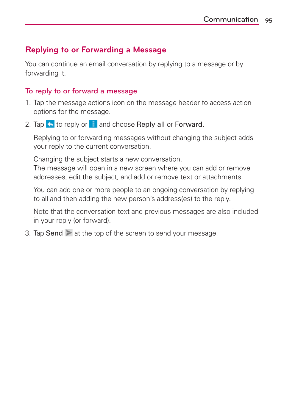 Replying to or forwarding a message | LG LGVS840PP User Manual | Page 97 / 206