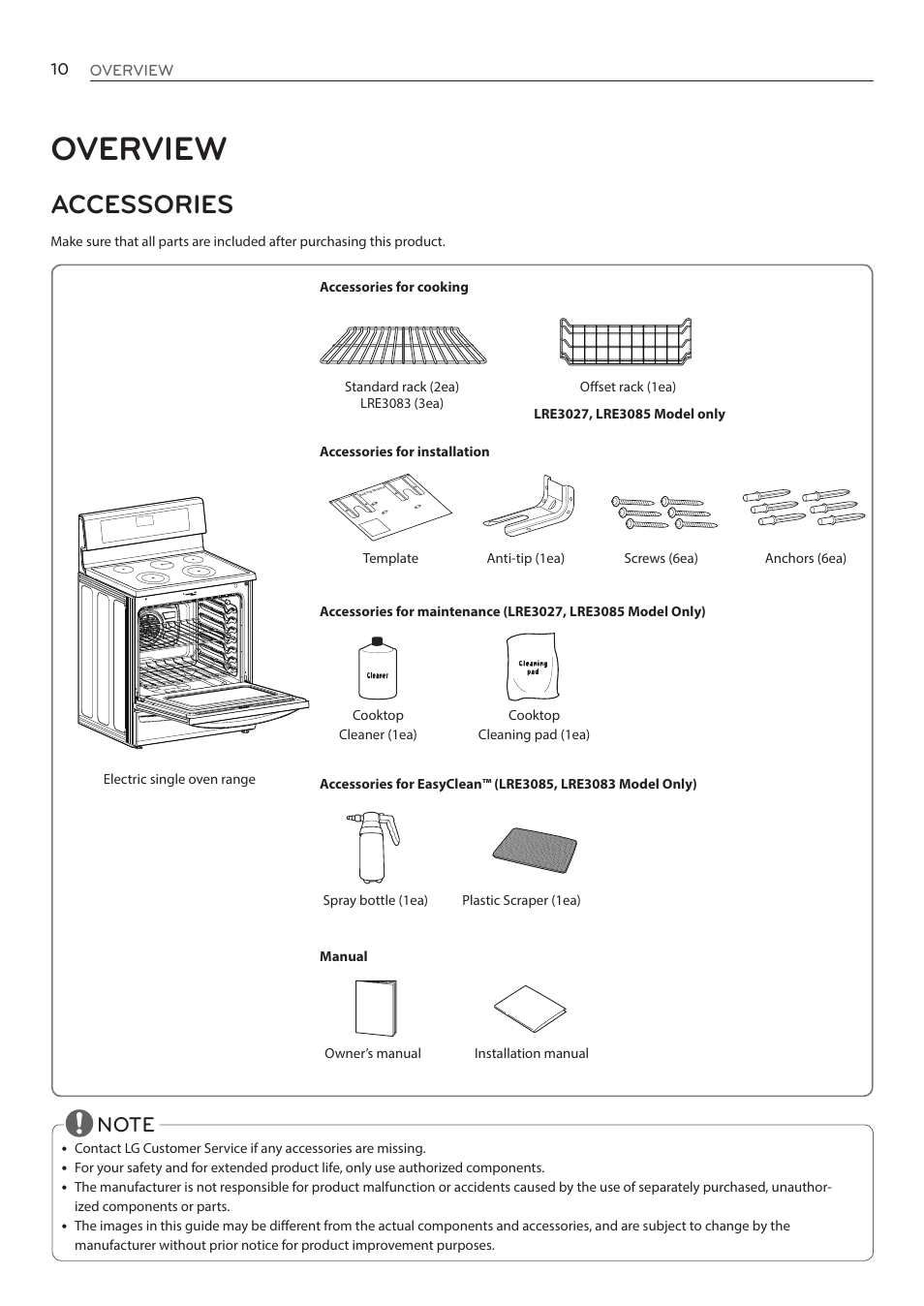 Overview, Accessories | LG LRE3085ST User Manual | Page 10 / 100