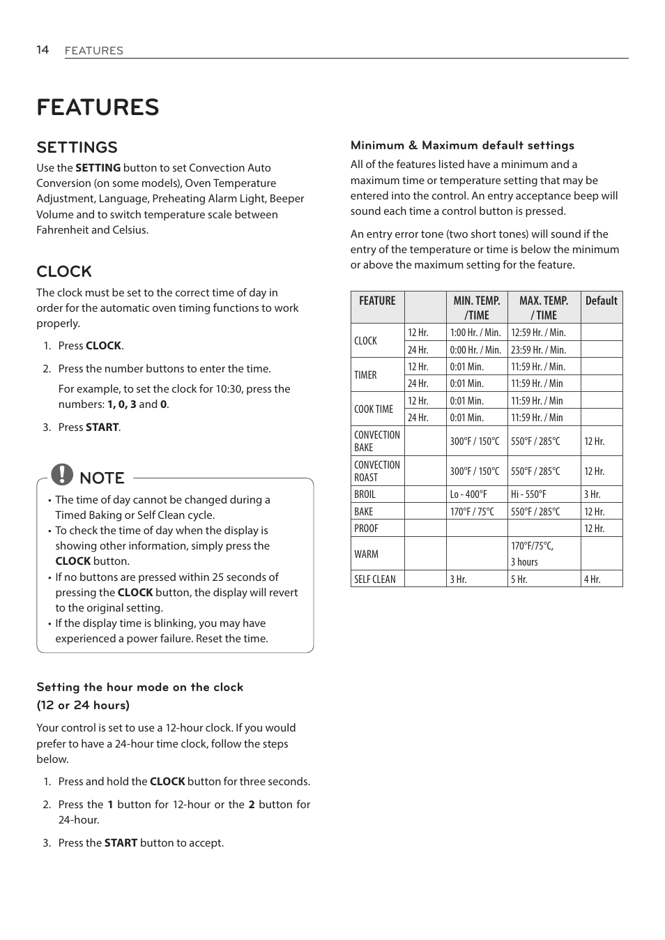Features, Settings, Clock | LG LRE3085ST User Manual | Page 14 / 100