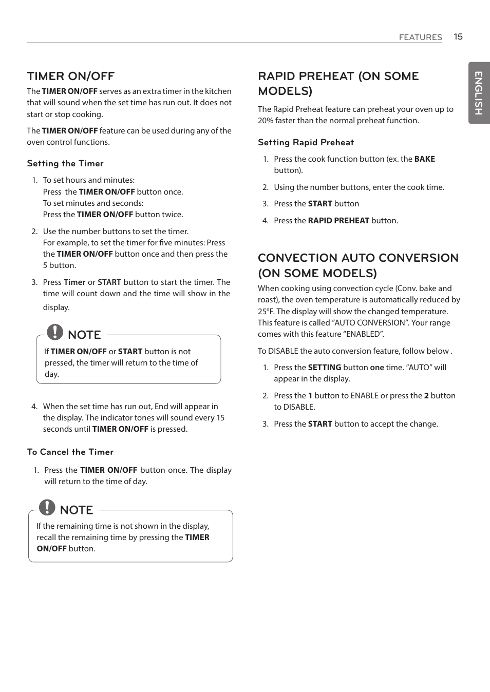 Timer on/off, Convection auto conversion (on some models) | LG LRE3085ST User Manual | Page 15 / 100