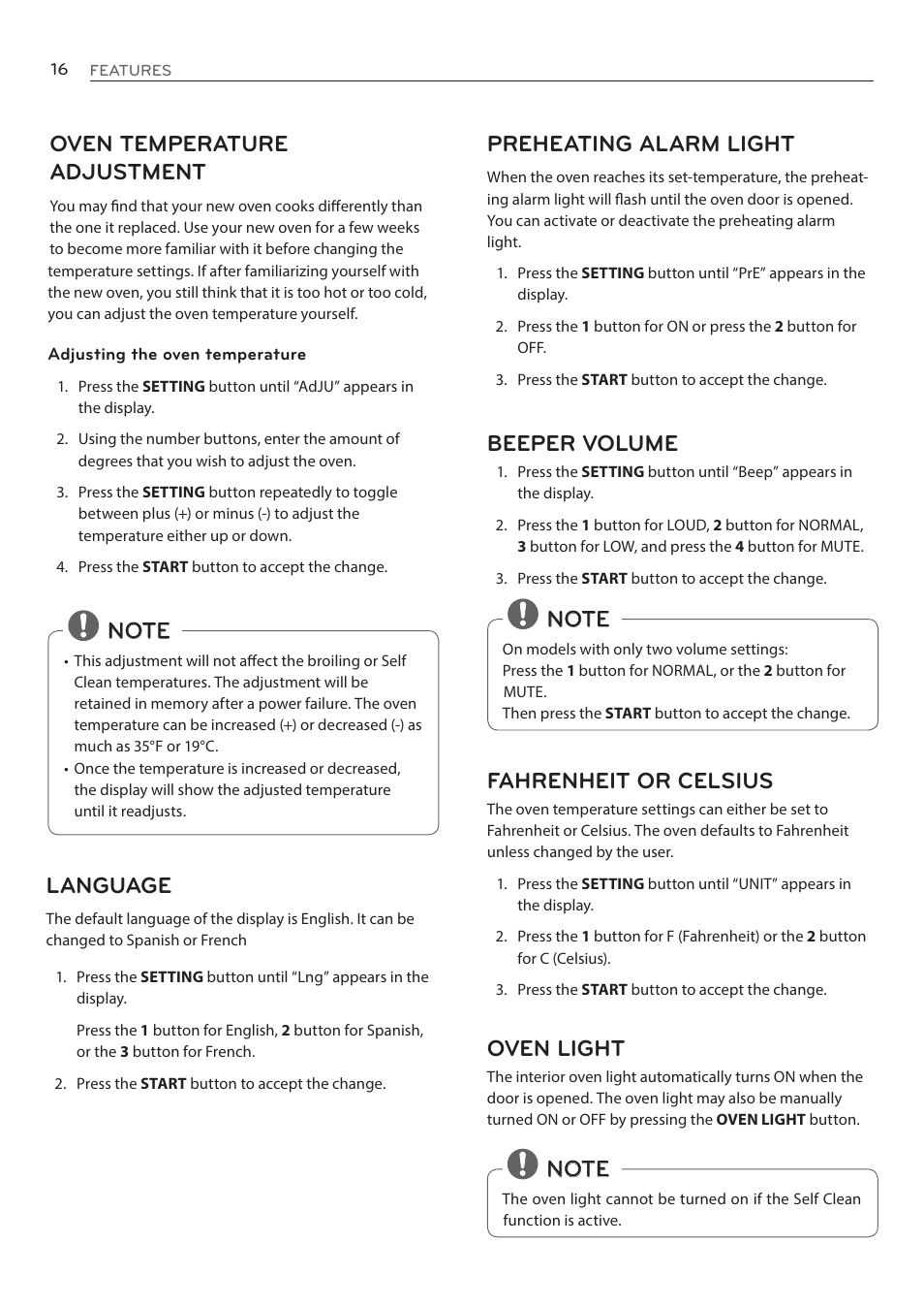 Preheating alarm light, Beeper volume, Fahrenheit or celsius | Oven light | LG LRE3085ST User Manual | Page 16 / 100