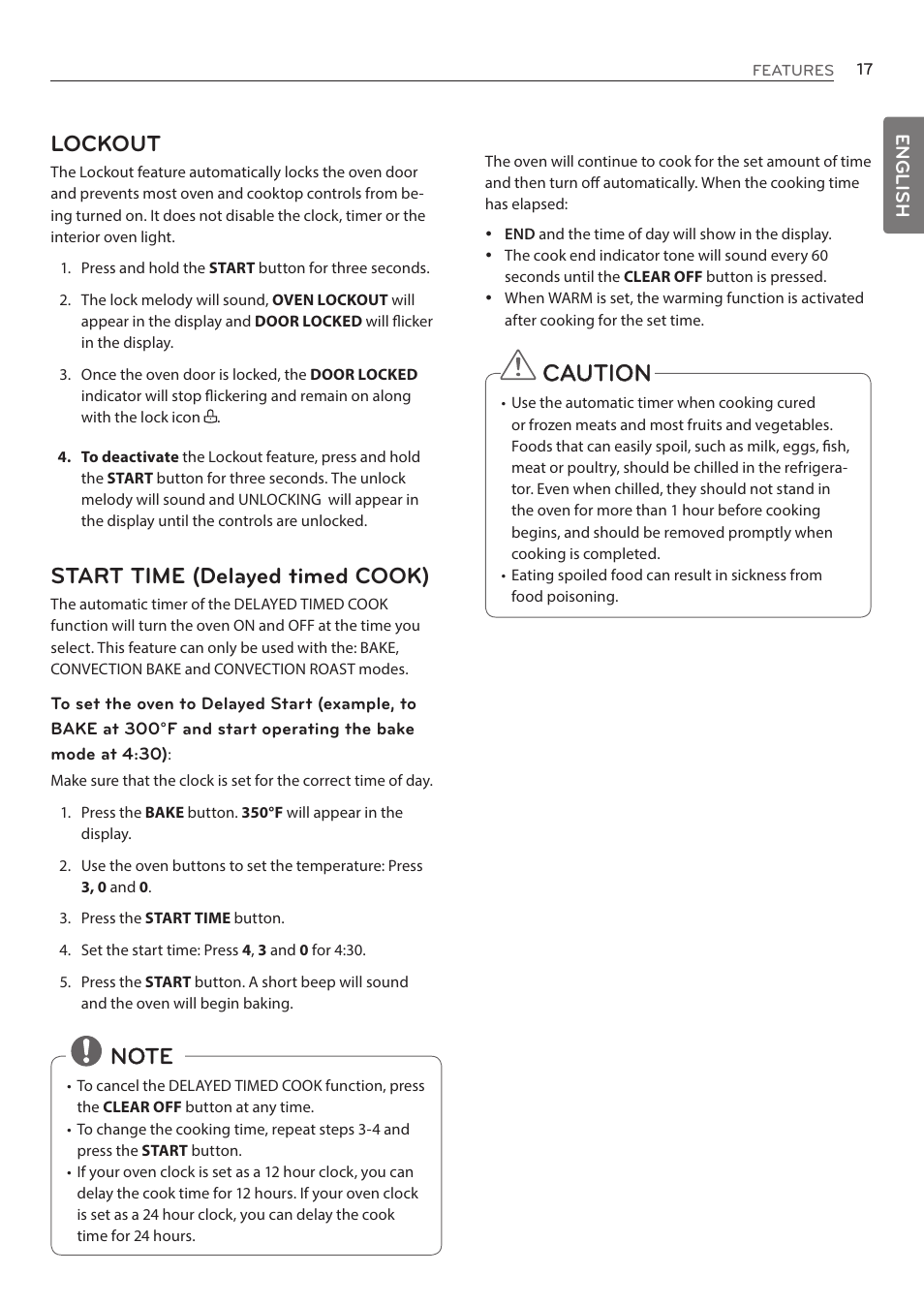 Lockout, Start time (delayed timed cook), Caution | LG LRE3085ST User Manual | Page 17 / 100