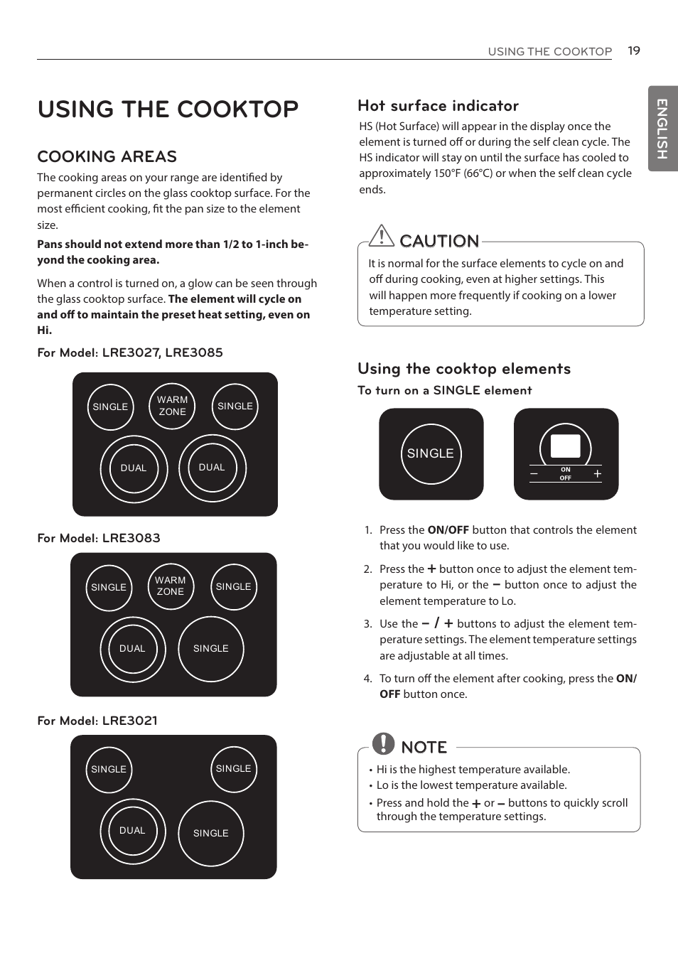Using the cooktop, Cooking areas, Hot surface indicator | Caution using the cooktop elements | LG LRE3085ST User Manual | Page 19 / 100