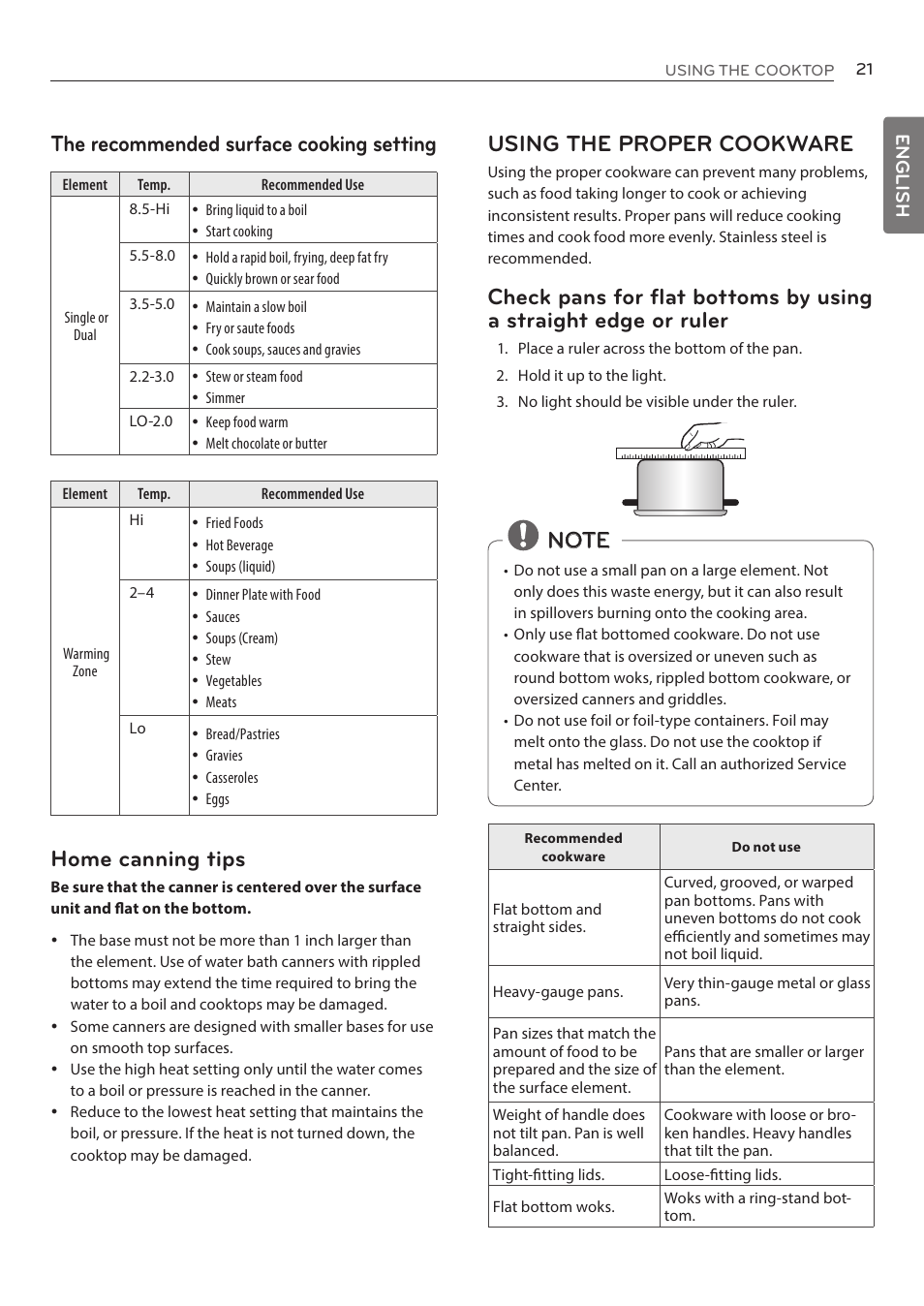 Caution the recommended surface cooking setting, Home canning tips, Using the proper cookware | English | LG LRE3085ST User Manual | Page 21 / 100