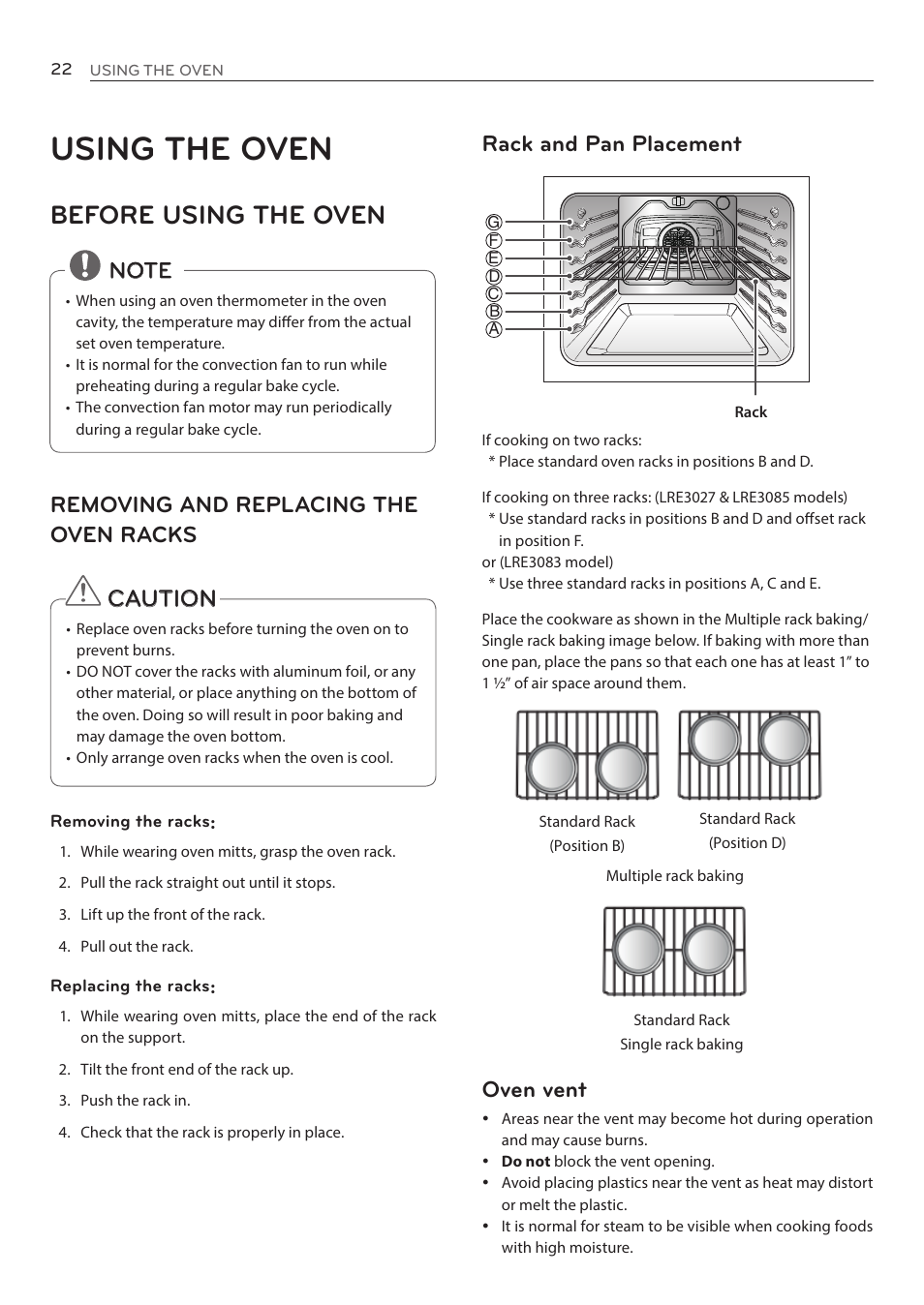 Using the oven, Before using the oven, Rack and pan placement | Oven vent, Removing and replacing the oven racks, Caution | LG LRE3085ST User Manual | Page 22 / 100