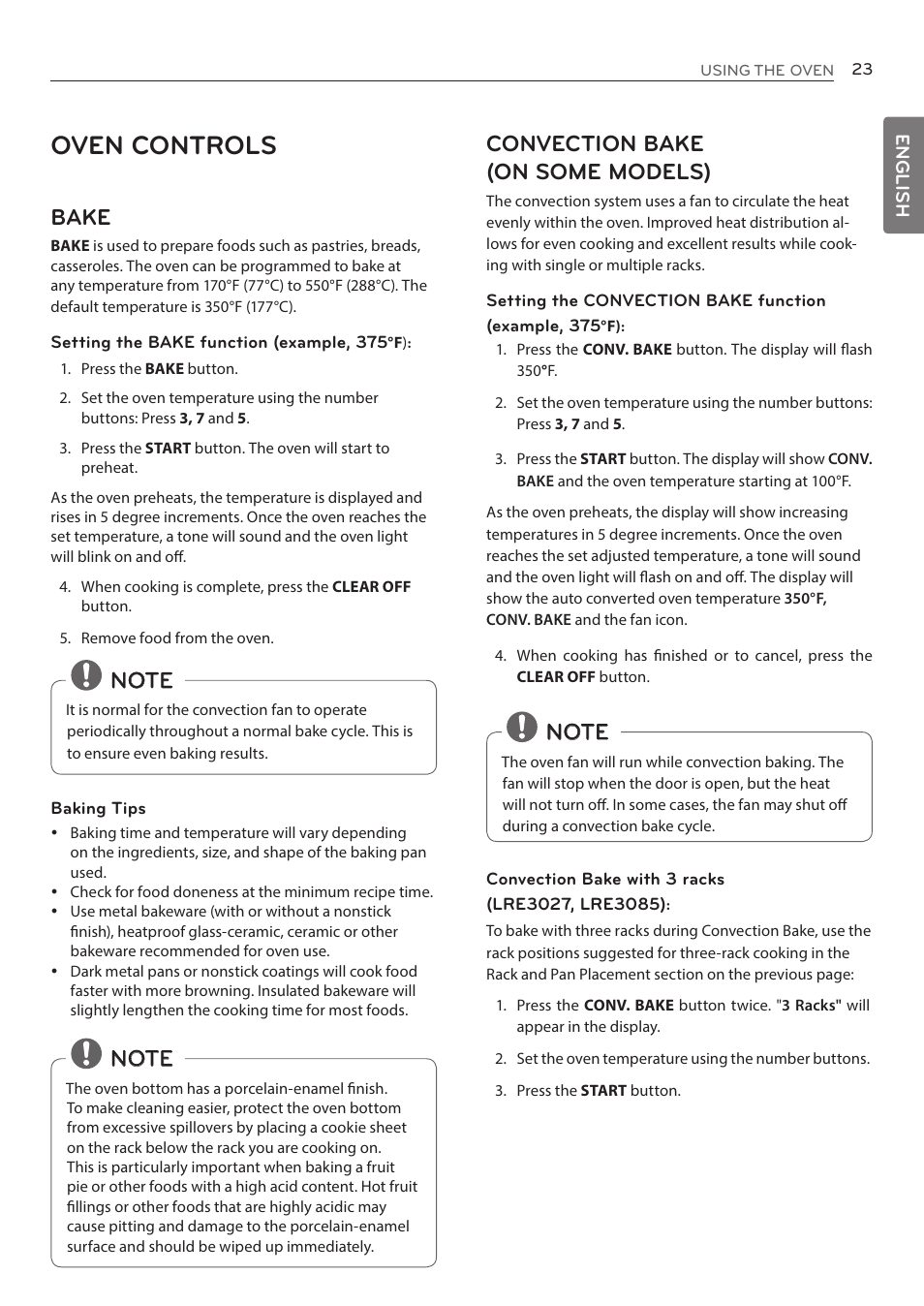 Oven controls, Bake, Convection bake (on some models) | LG LRE3085ST User Manual | Page 23 / 100