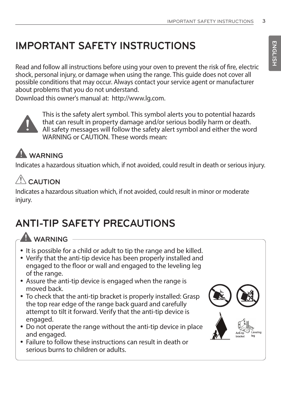 Important safety instructions, Anti-tip safety precautions | LG LRE3085ST User Manual | Page 3 / 100