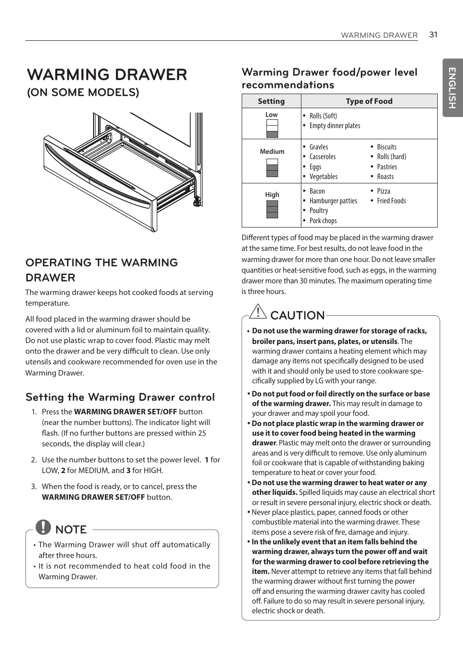 Warming drawer, On some models) operating the warming drawer, Setting the warming drawer control | Caution | LG LRE3085ST User Manual | Page 31 / 100