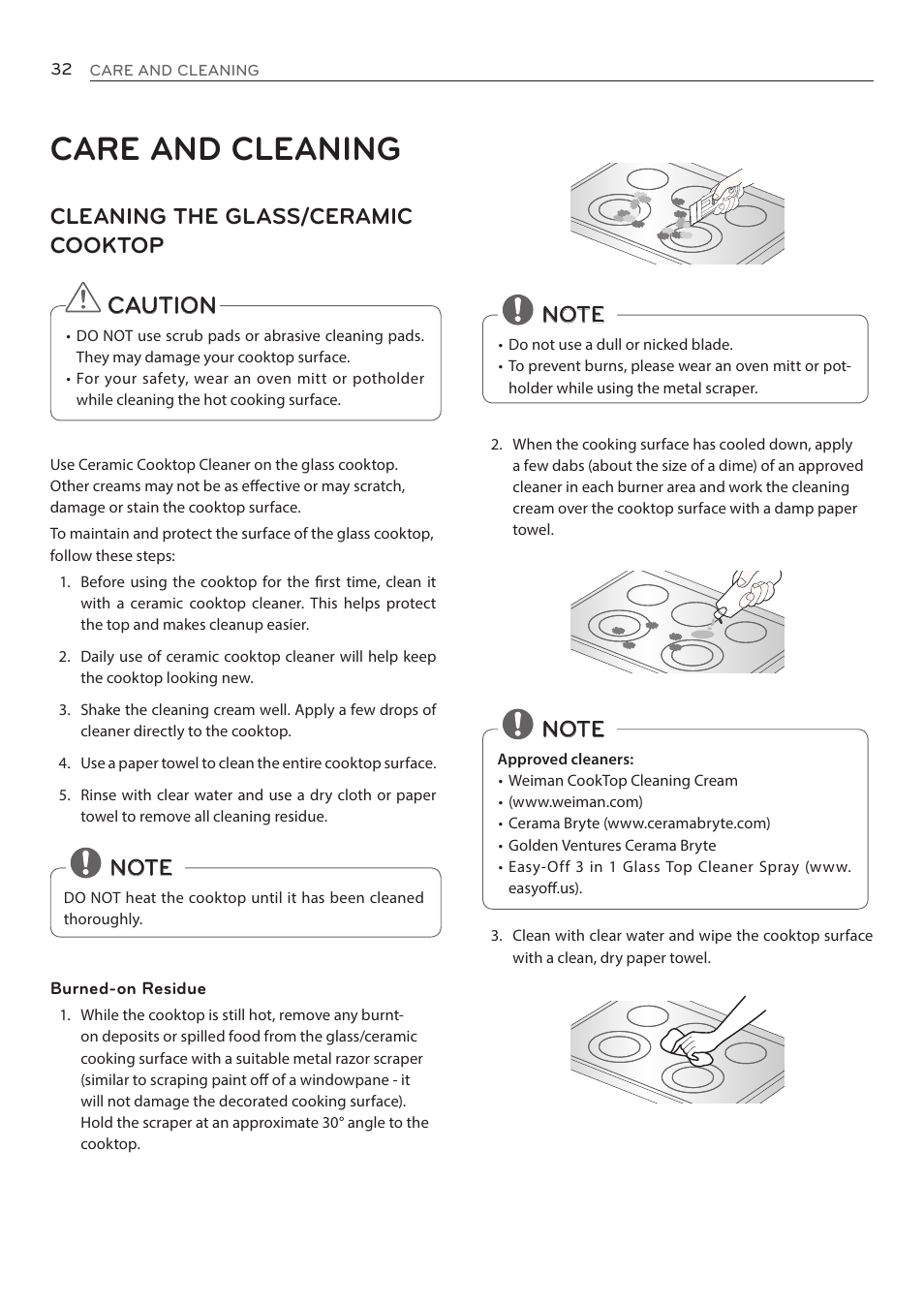 Care and cleaning, Cleaning the glass/ceramic cooktop, Caution | LG LRE3085ST User Manual | Page 32 / 100