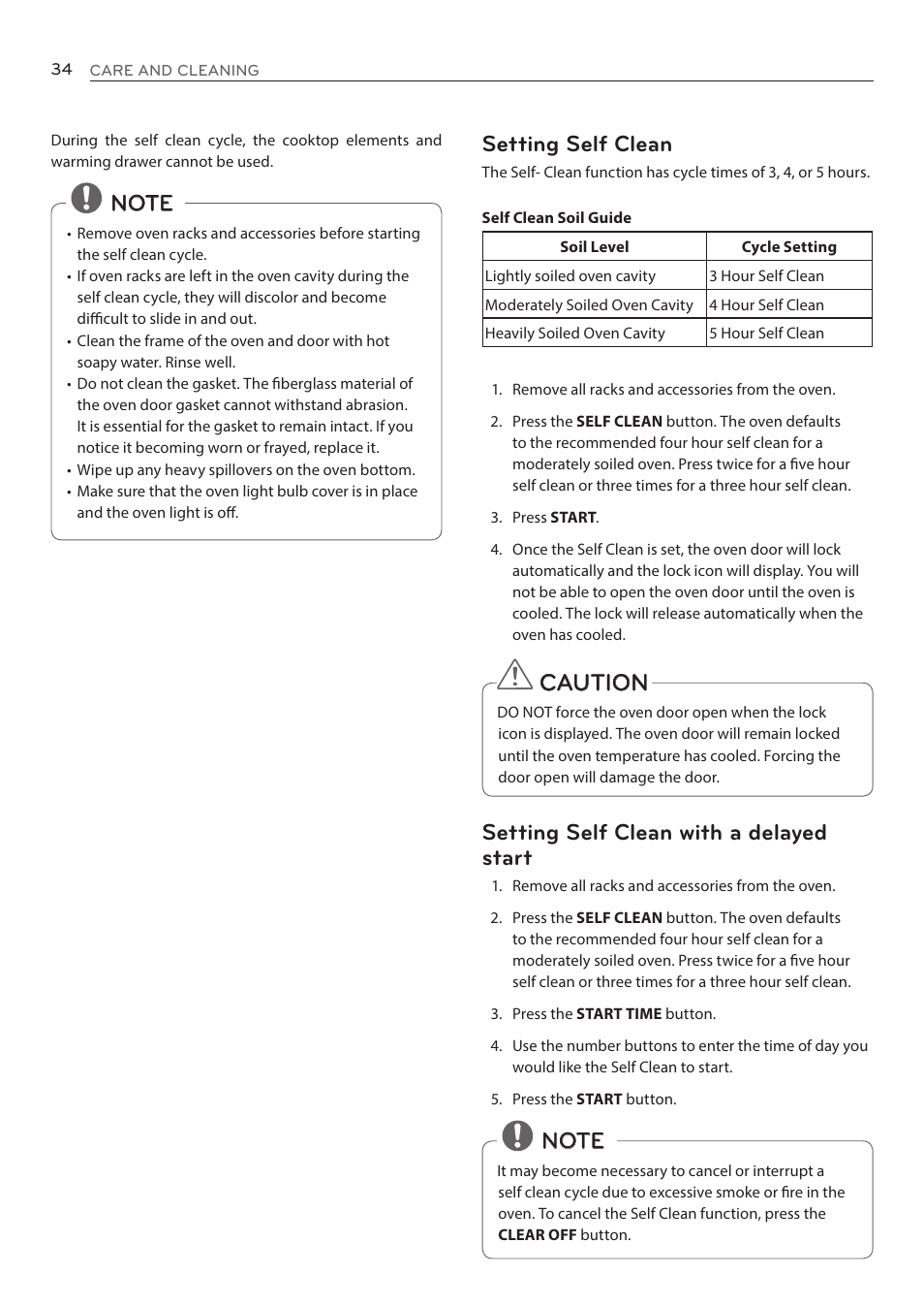 Caution setting self clean with a delayed start | LG LRE3085ST User Manual | Page 34 / 100