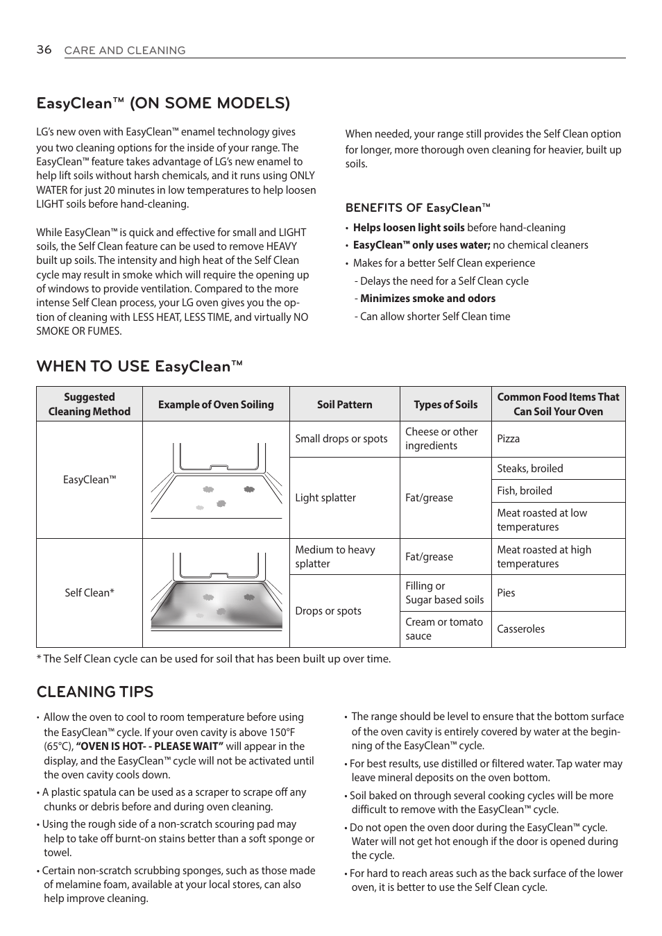 Easyclean™ (on some models), Cleaning tips, When to use easyclean | LG LRE3085ST User Manual | Page 36 / 100