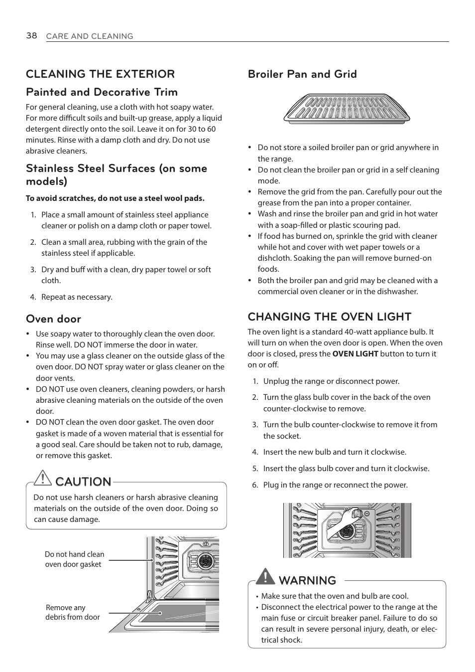 Cleaning the exterior painted and decorative trim, Stainless steel surfaces (on some models), Oven door | Caution, Broiler pan and grid, Changing the oven light, Warning | LG LRE3085ST User Manual | Page 38 / 100