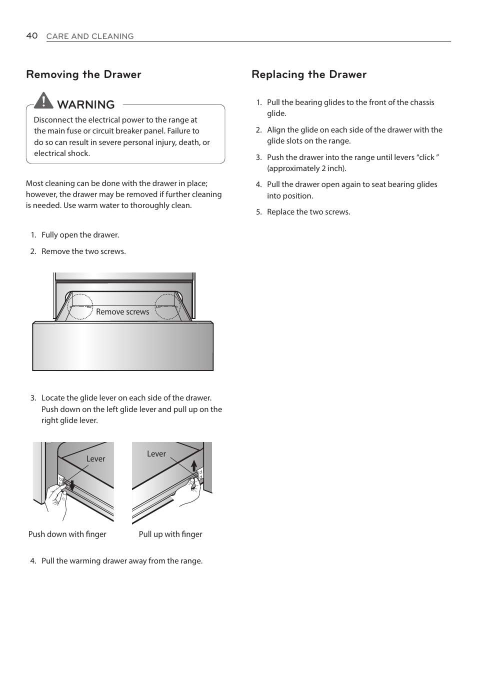 Removing the drawer, Warning, Replacing the drawer | LG LRE3085ST User Manual | Page 40 / 100