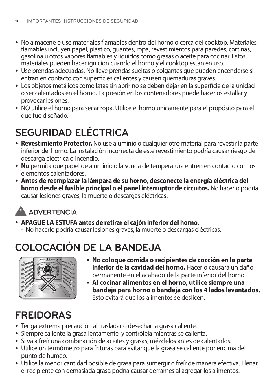 Seguridad eléctrica, Colocación de la bandeja freidoras | LG LRE3085ST User Manual | Page 52 / 100