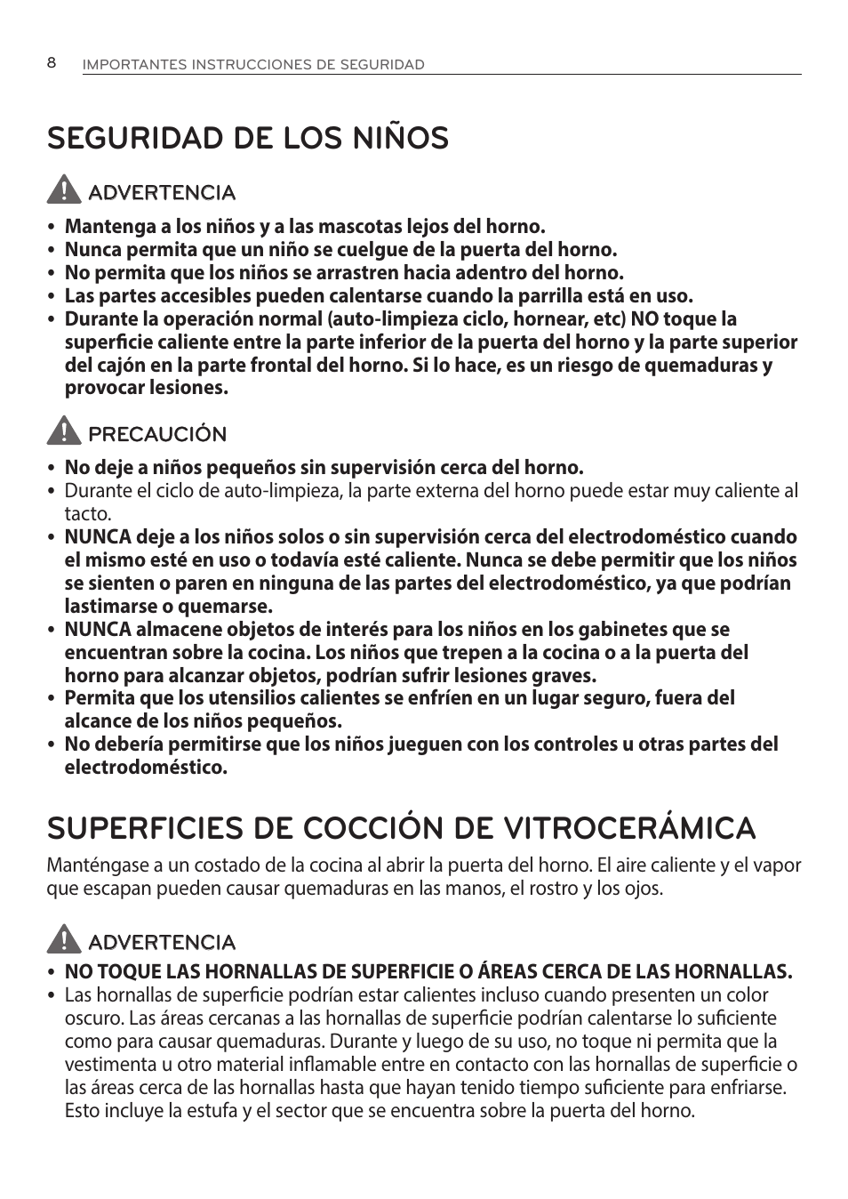 Seguridad de los niños, Superficies de cocción de vitrocerámica | LG LRE3085ST User Manual | Page 54 / 100