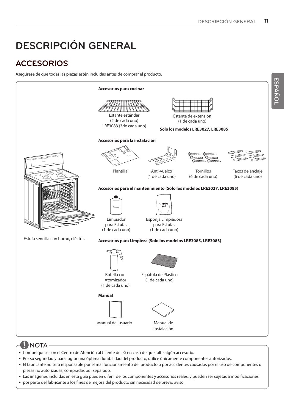 Descripción general, Accesorios, Nota | Esp añol | LG LRE3085ST User Manual | Page 57 / 100