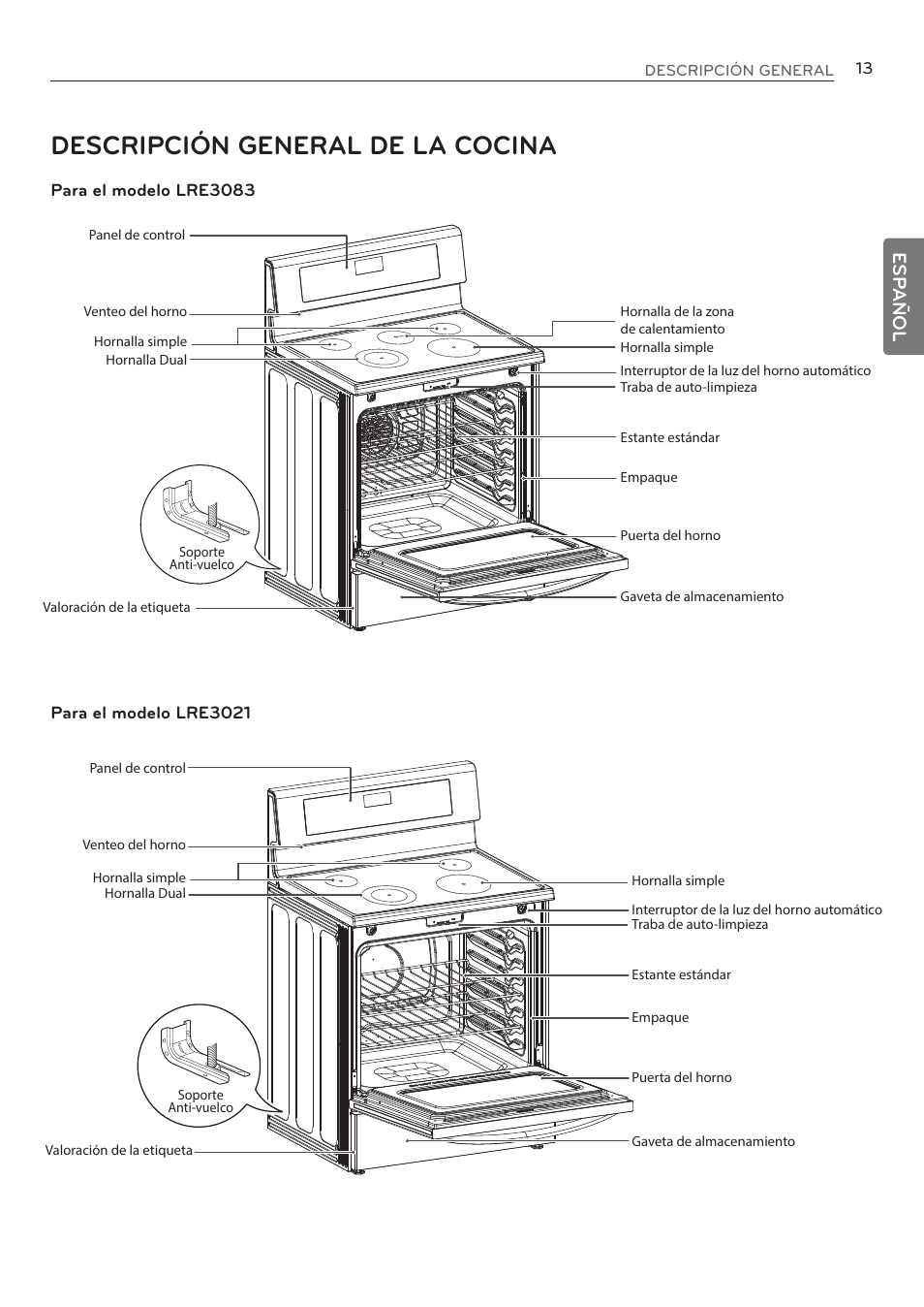 Descripción general de la cocina, Esp añol | LG LRE3085ST User Manual | Page 59 / 100