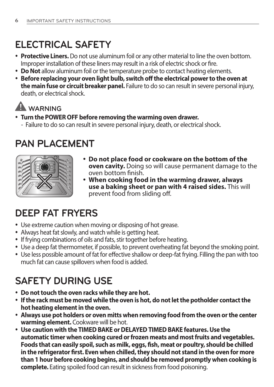 Electrical safety, Pan placement deep fat fryers, Safety during use | LG LRE3085ST User Manual | Page 6 / 100