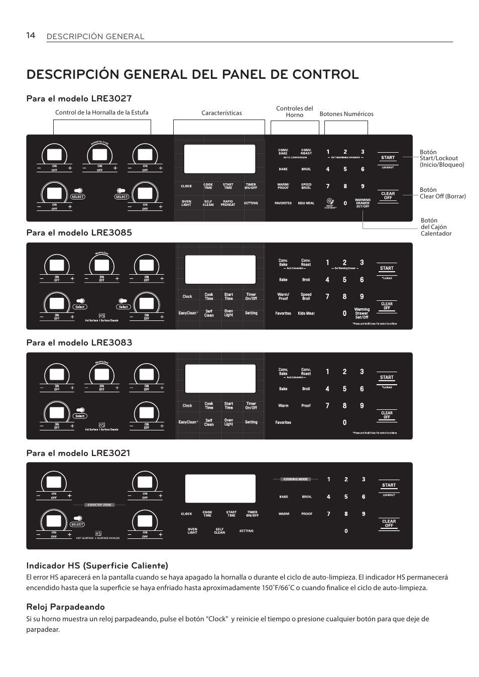 Descripción general del panel de control | LG LRE3085ST User Manual | Page 60 / 100