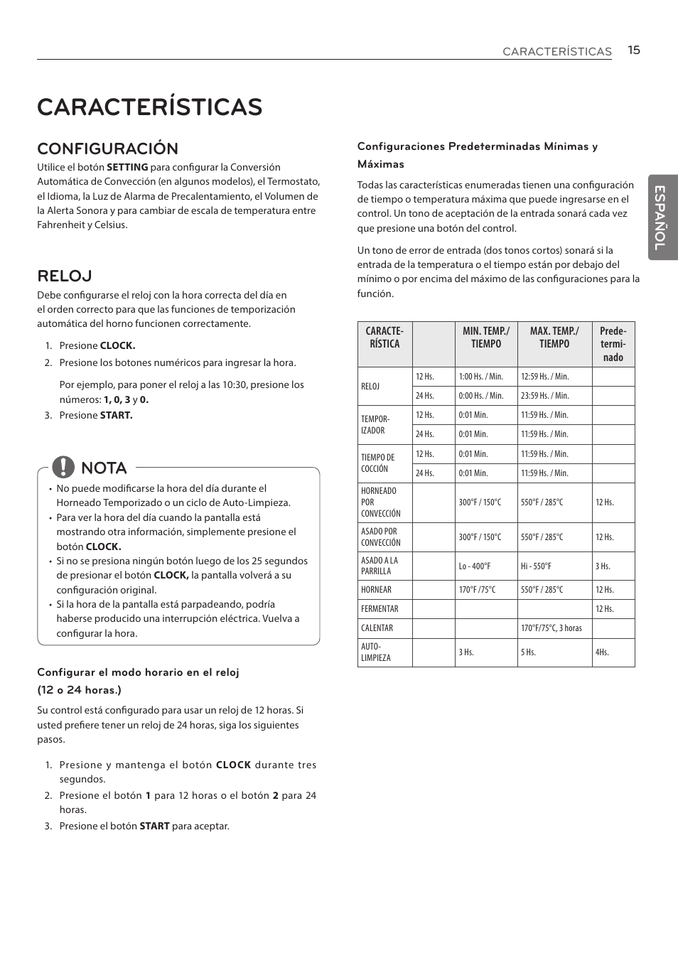 Características, Configuración, Reloj | Nota, Esp añol | LG LRE3085ST User Manual | Page 61 / 100
