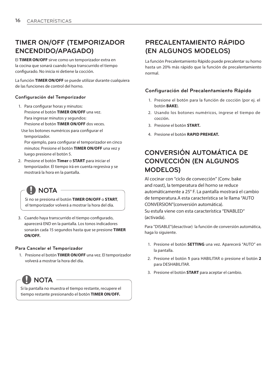 Timer on/off (temporizador encendido/apagado), Nota, Precalentamiento rápido (en algunos modelos) | LG LRE3085ST User Manual | Page 62 / 100
