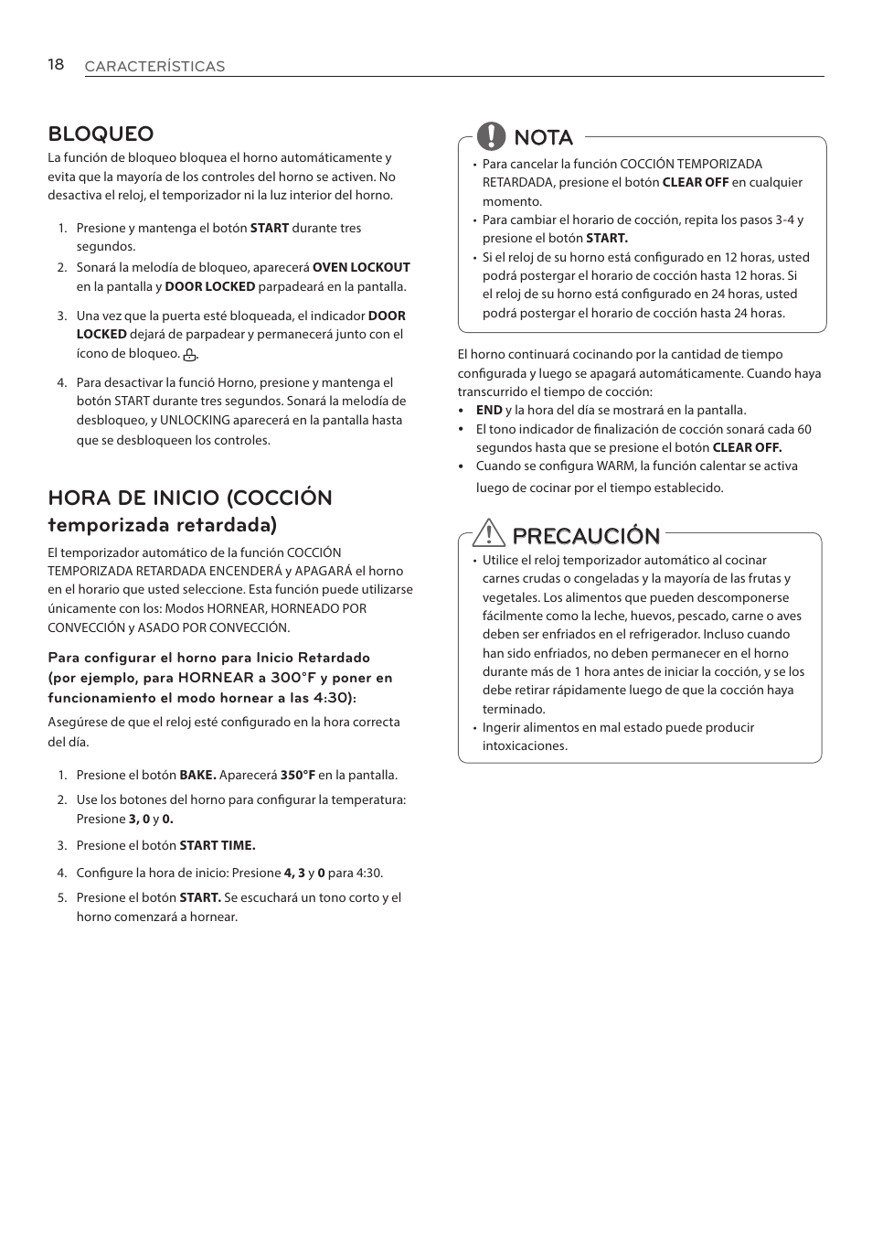 Bloqueo, Hora de inicio (cocción temporizada retardada), Nota | Precaución | LG LRE3085ST User Manual | Page 64 / 100