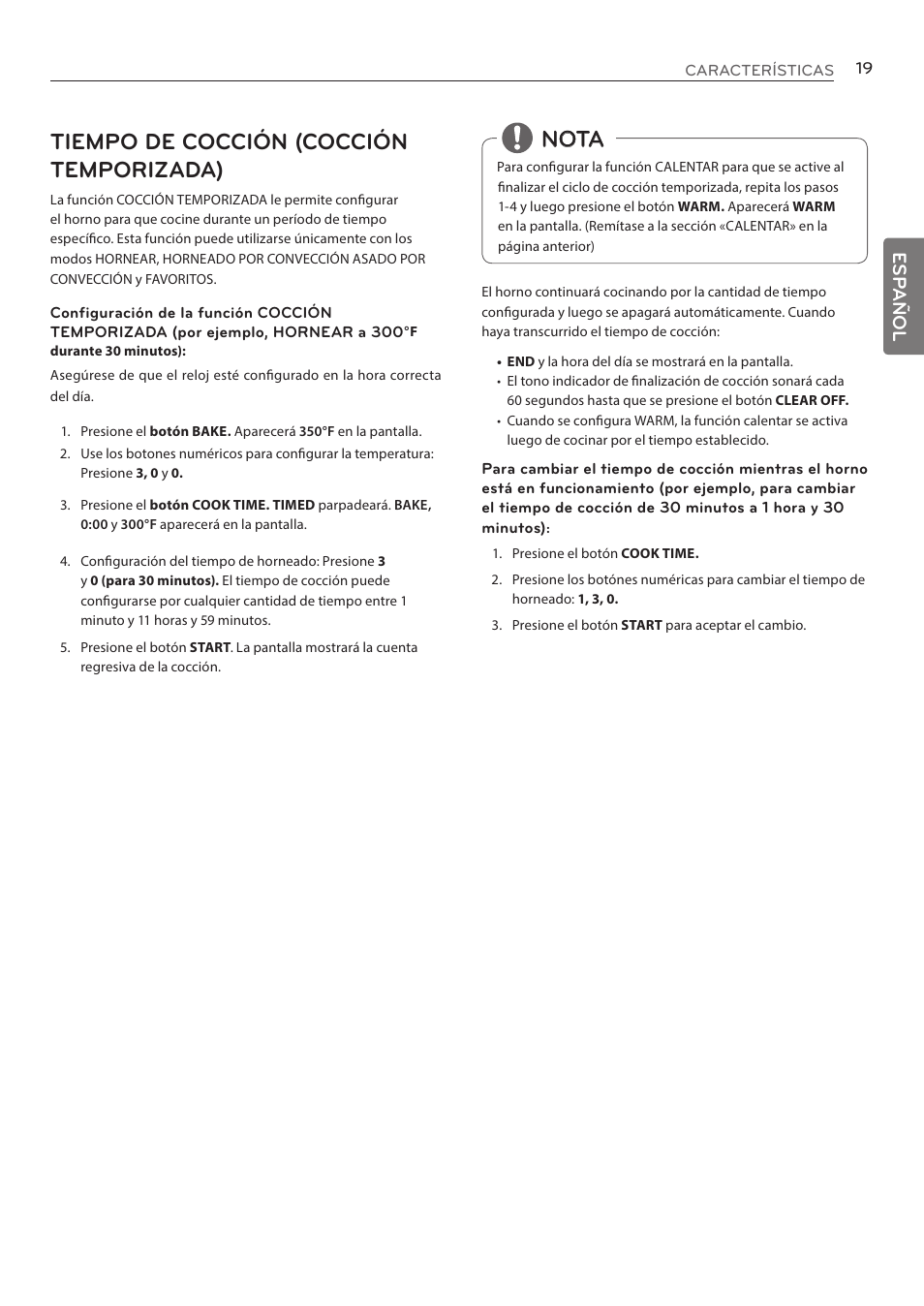 Tiempo de cocción (cocción temporizada), Nota, Esp añol | LG LRE3085ST User Manual | Page 65 / 100