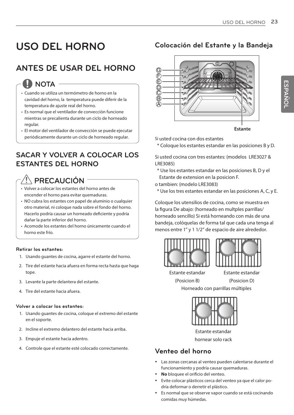 Uso del horno, Antes de usar del horno, Colocación del estante y la bandeja | Venteo del horno, Sacar y volver a colocar los estantes del horno, Precaución, Nota, Esp añol | LG LRE3085ST User Manual | Page 69 / 100