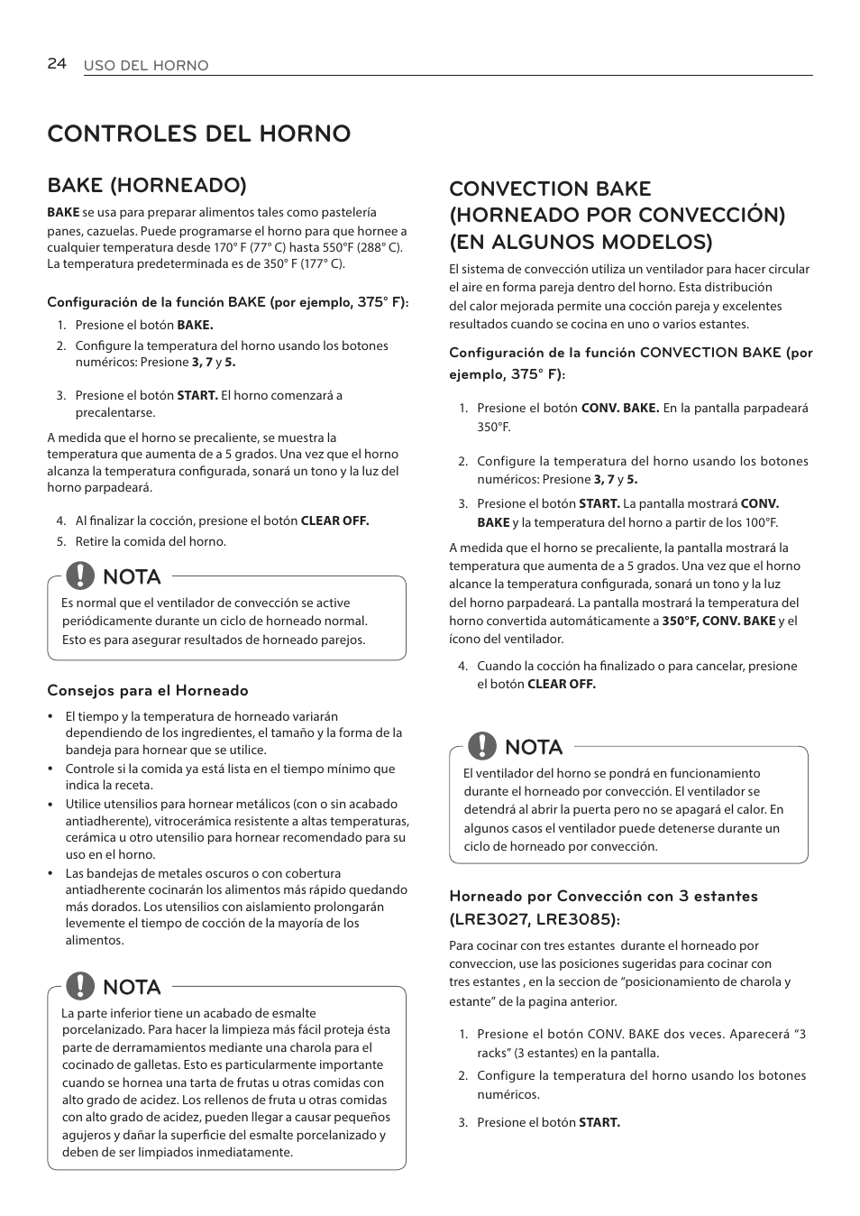 Controles del horno, Bake (horneado), Nota | LG LRE3085ST User Manual | Page 70 / 100