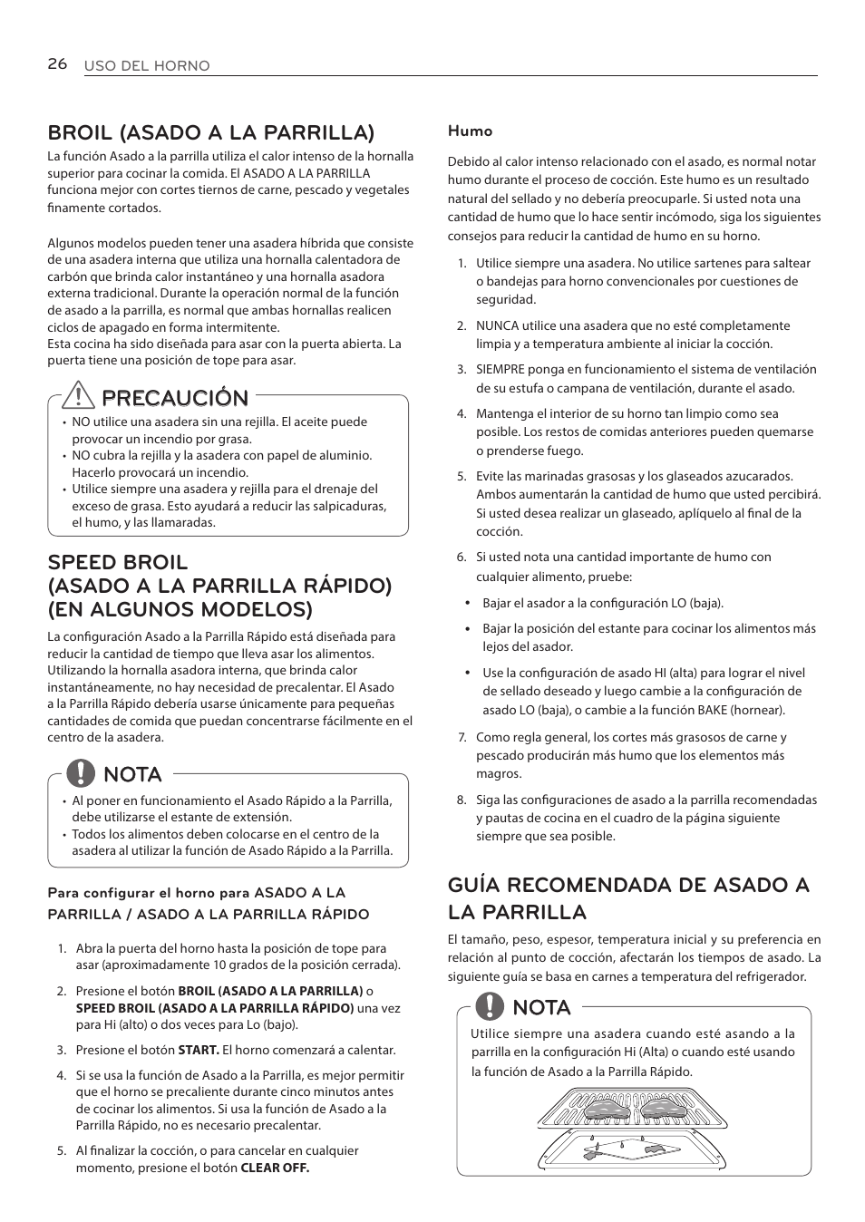 Broil (asado a la parrilla), Nota, Guía recomendada de asado a la parrilla | LG LRE3085ST User Manual | Page 72 / 100