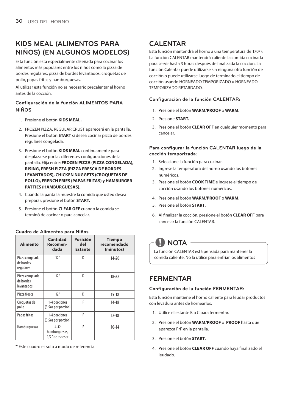 Calentar, Nota fermentar | LG LRE3085ST User Manual | Page 76 / 100