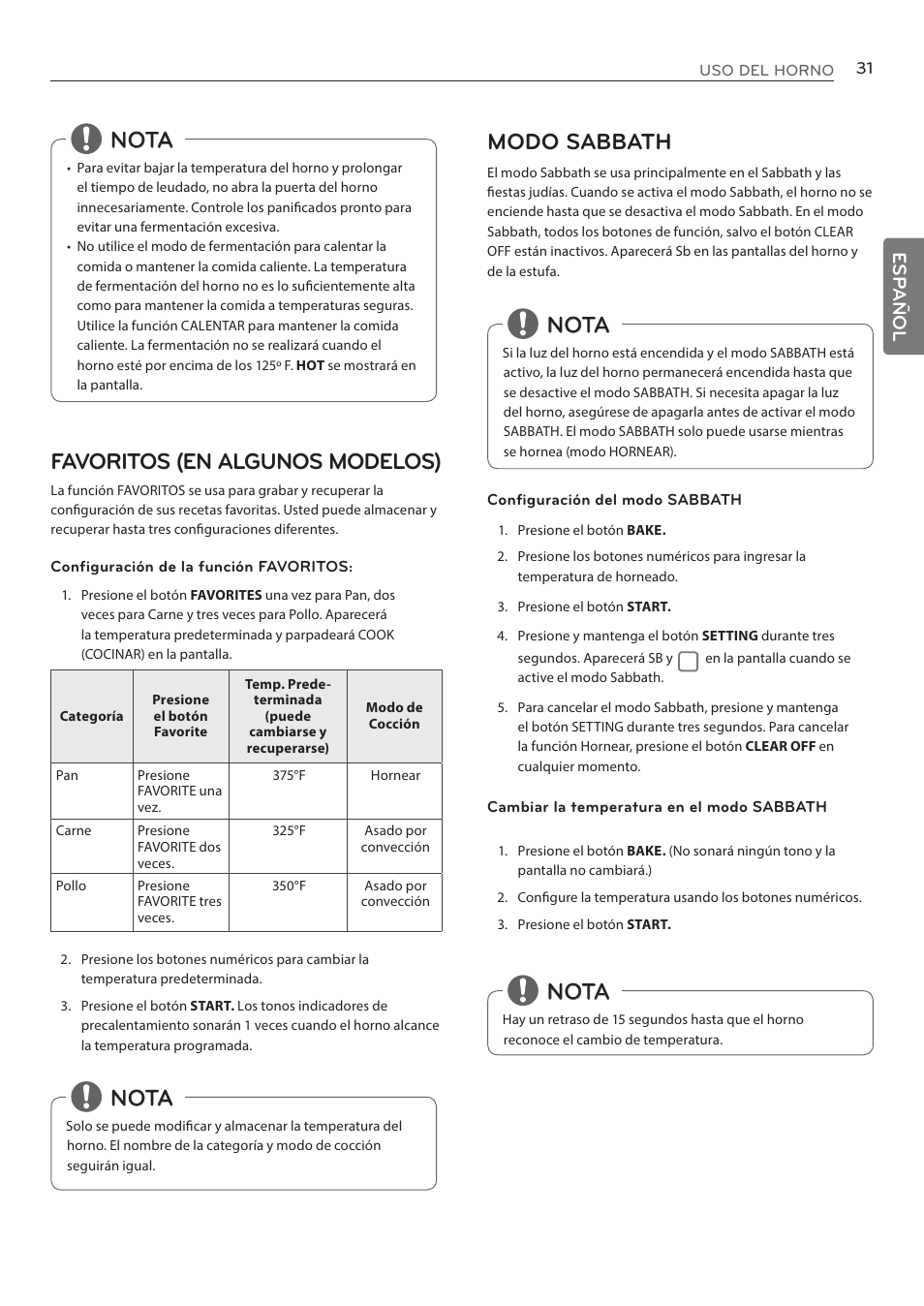 Nota favoritos (en algunos modelos), Nota modo sabbath, Nota | Esp añol | LG LRE3085ST User Manual | Page 77 / 100