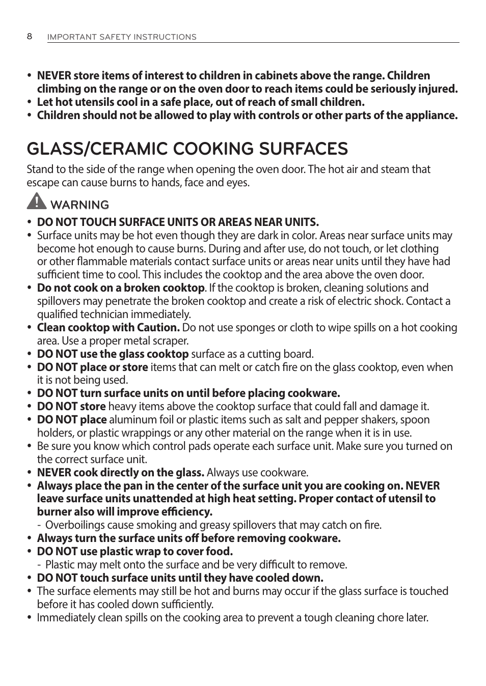Glass/ceramic cooking surfaces | LG LRE3085ST User Manual | Page 8 / 100