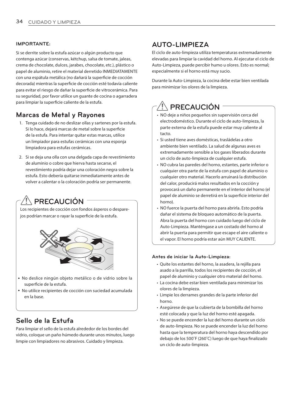 Auto-limpieza, Precaución, Marcas de metal y rayones | Precaución sello de la estufa | LG LRE3085ST User Manual | Page 80 / 100