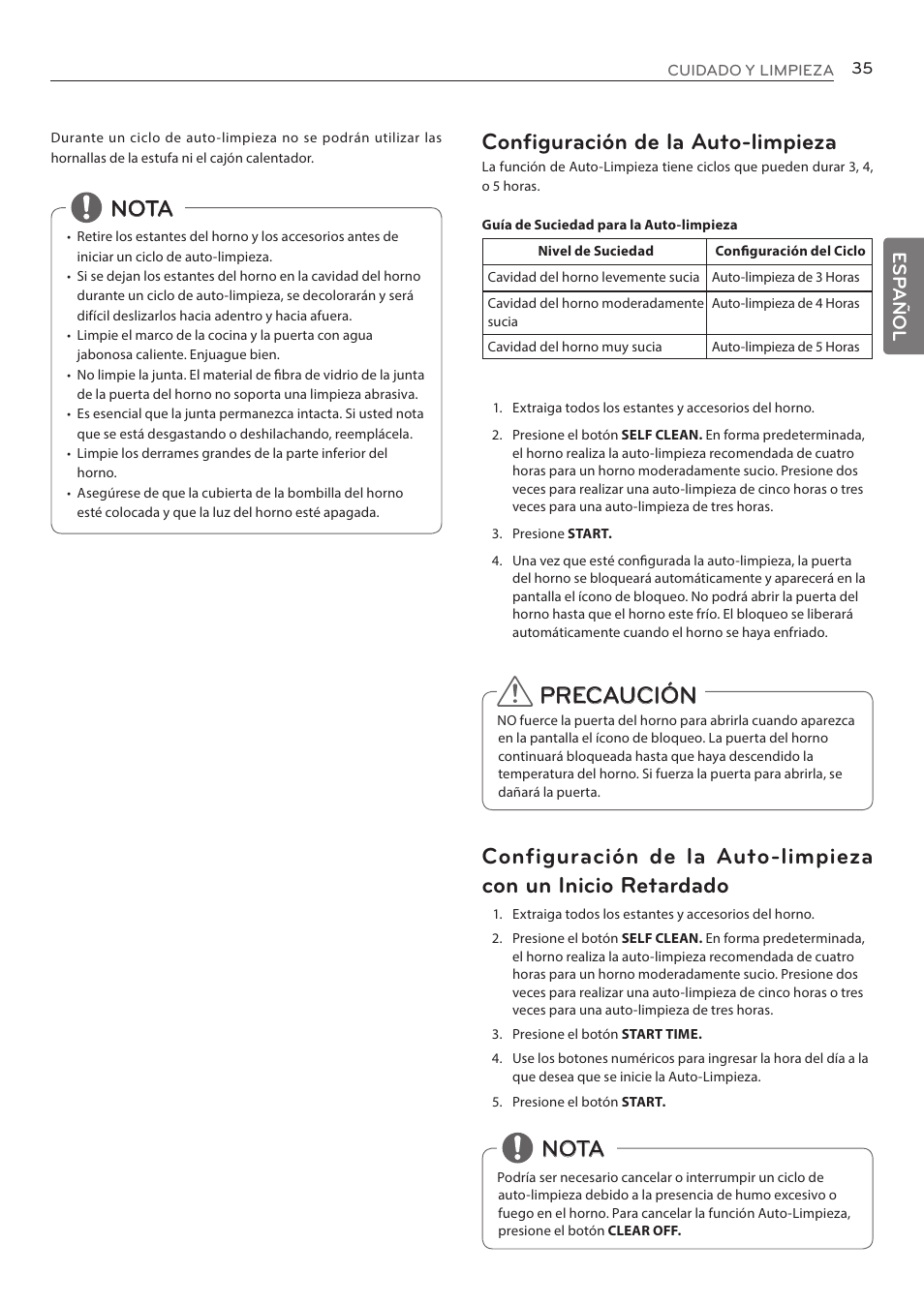 Nota configuración de la auto-limpieza, Nota, Esp añol | LG LRE3085ST User Manual | Page 81 / 100