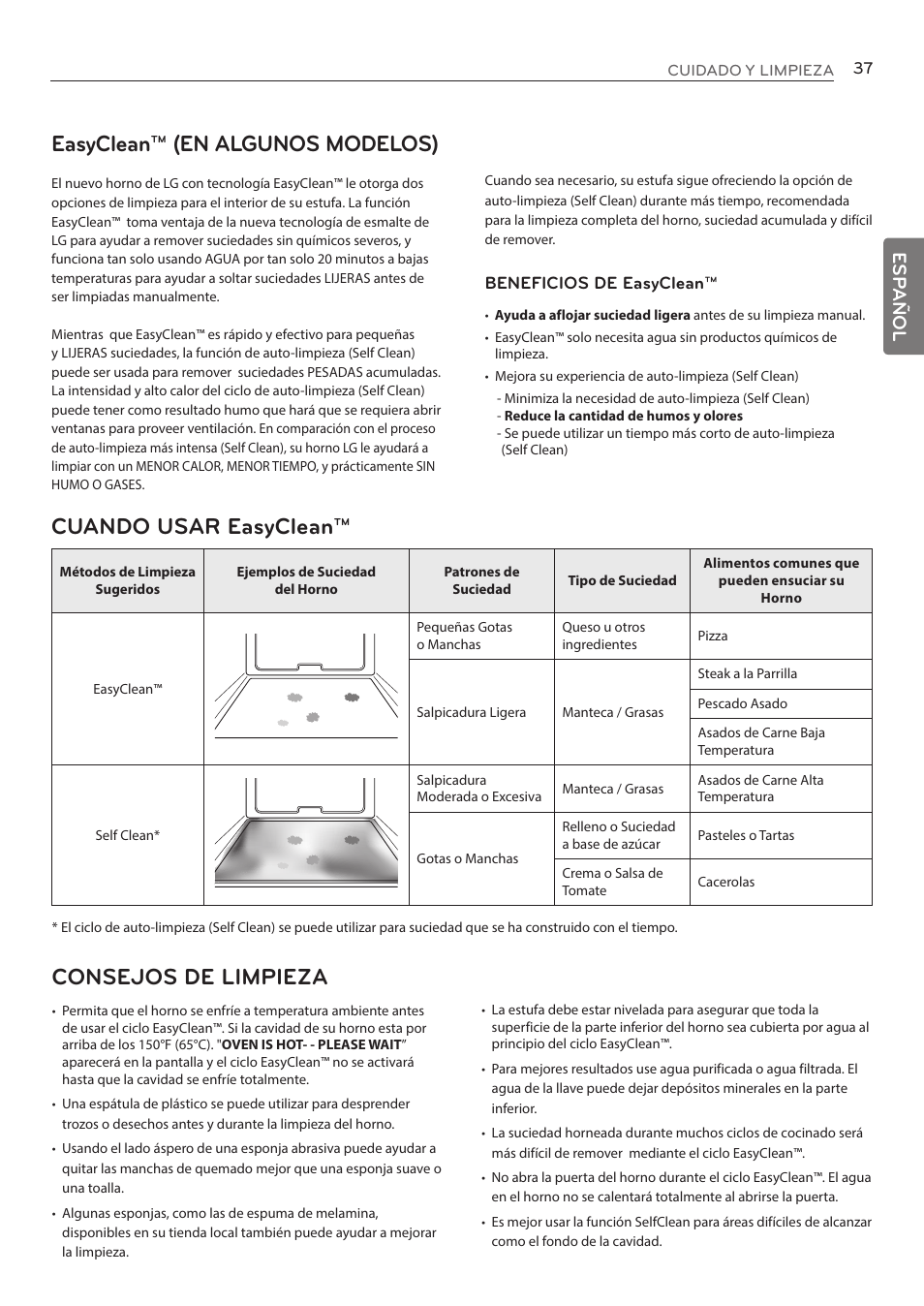 Easyclean™ (en algunos modelos), Consejos de limpieza, Cuando usar easyclean | Esp añol | LG LRE3085ST User Manual | Page 83 / 100