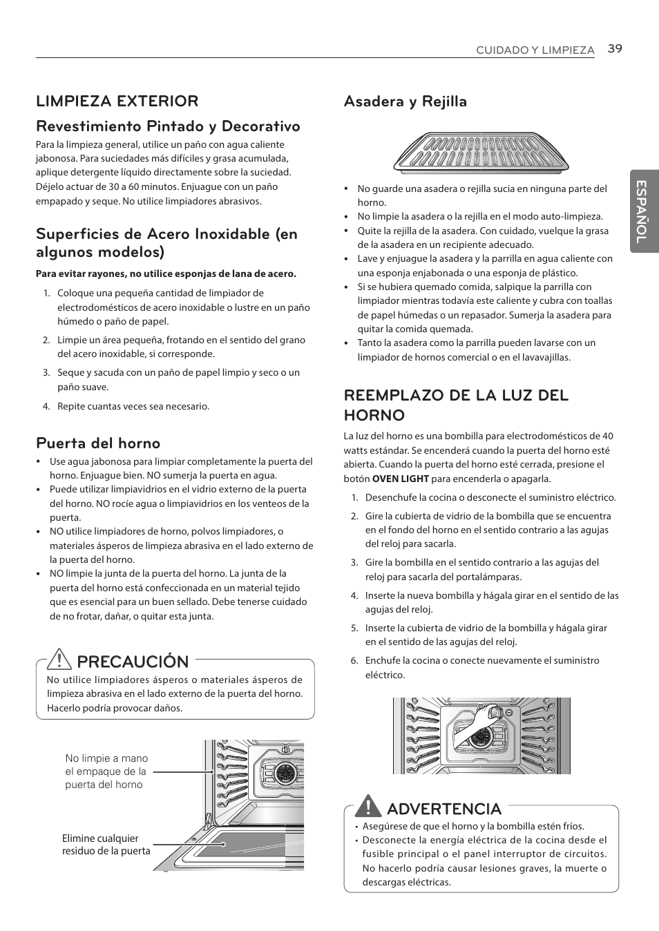Puerta del horno, Precaución, Asadera y rejilla | Reemplazo de la luz del horno, Advertencia, Esp añol | LG LRE3085ST User Manual | Page 85 / 100