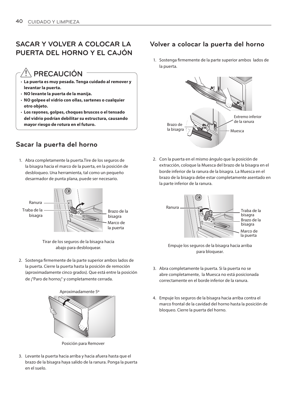 Volver a colocar la puerta del horno, Precaución sacar la puerta del horno | LG LRE3085ST User Manual | Page 86 / 100