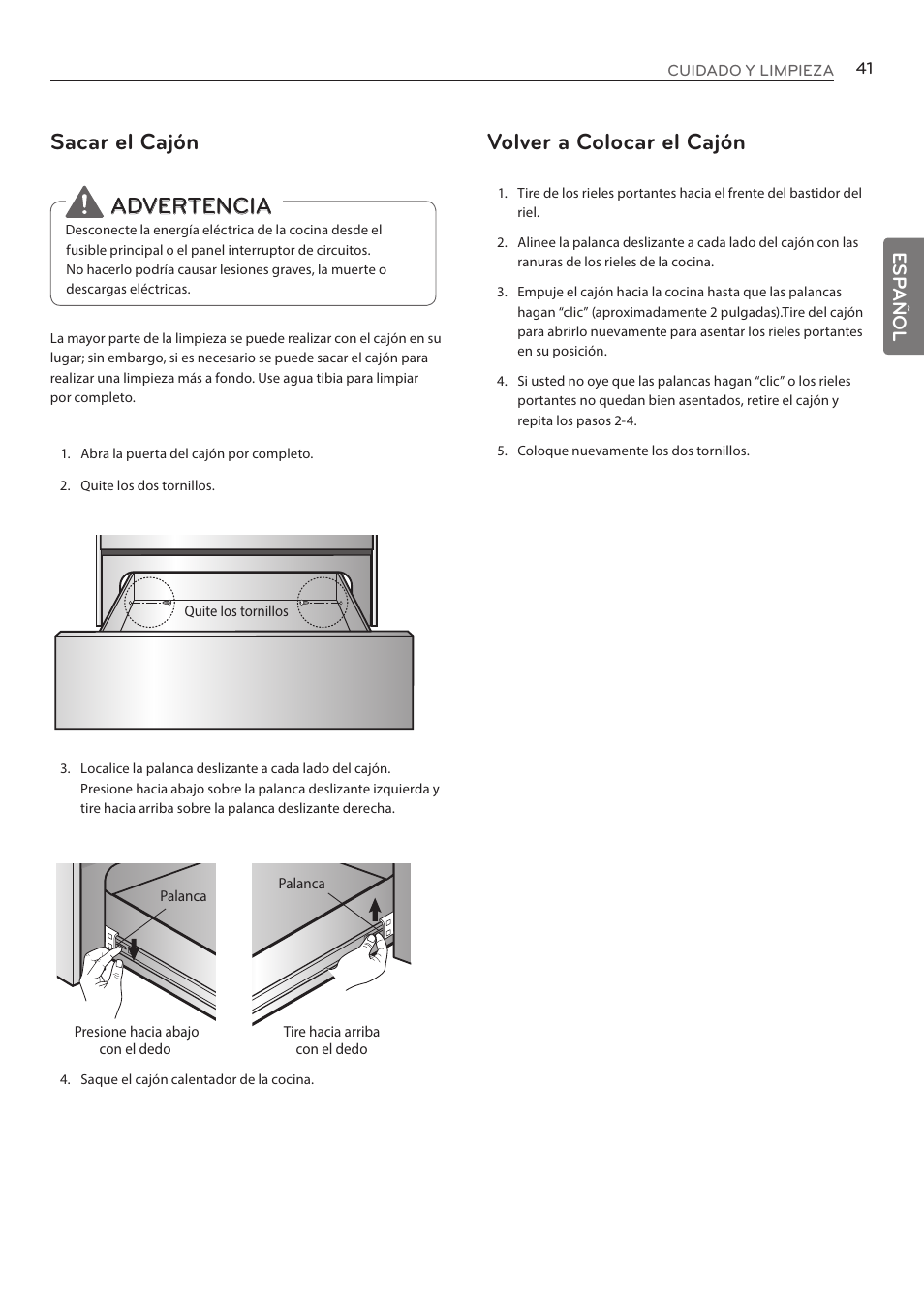 Sacar el cajón, Advertencia, Volver a colocar el cajón | Esp añol | LG LRE3085ST User Manual | Page 87 / 100